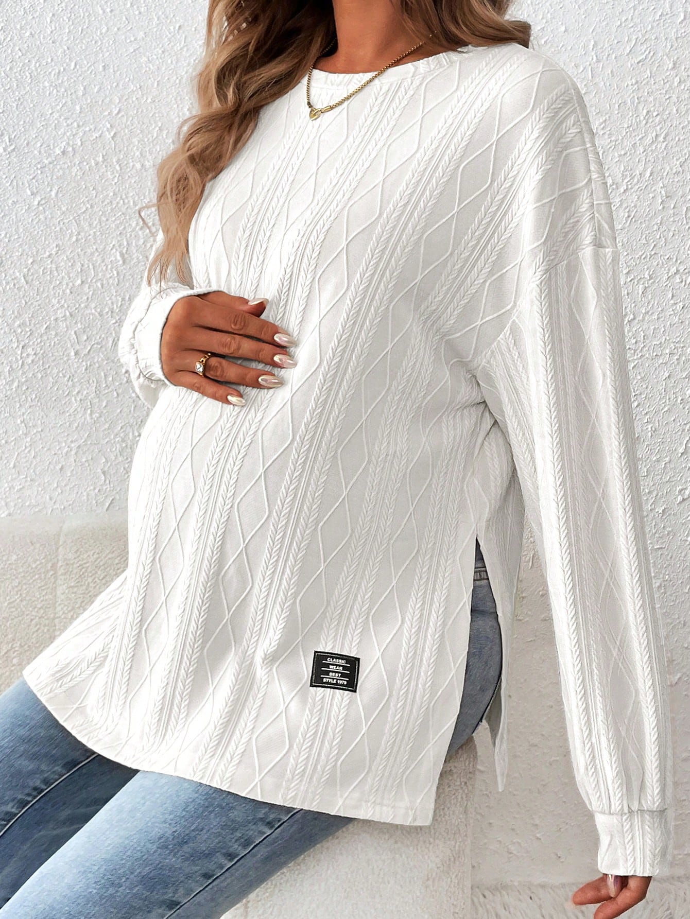 Maternity Textured Split Hem Dolman Sleeve T-Shirt for Fall Apricot / S Apricot / M
