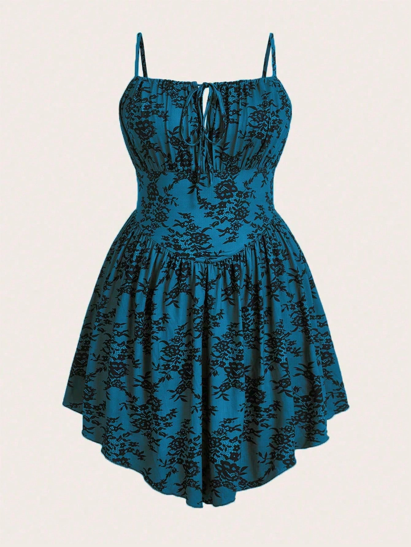 Embrace Your Edge: PUNK Plus Floral Print Tie Front Cami Dress for Gothic Style Teal Blue / 0XL Teal Blue / 1XL