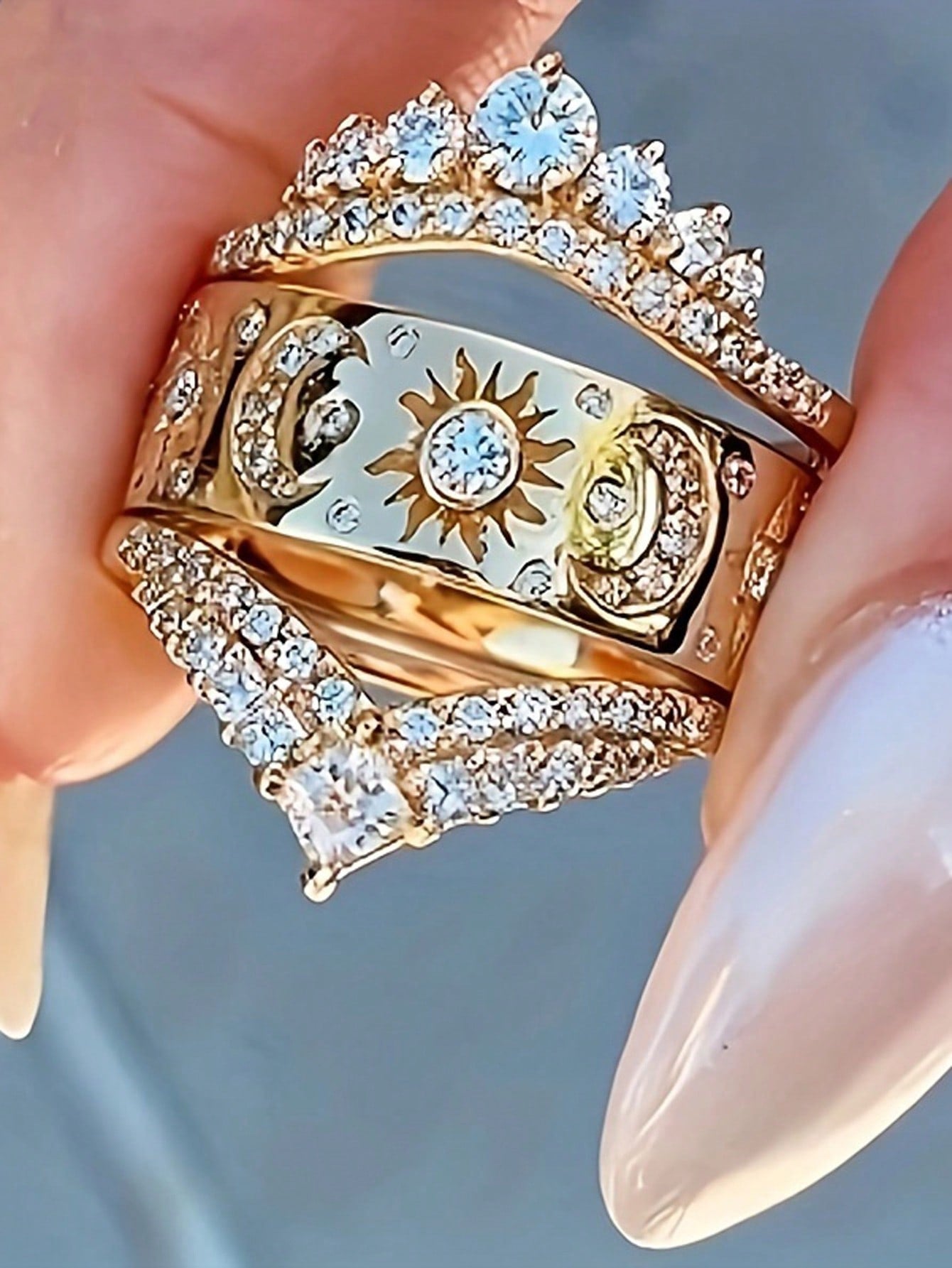Radiant Celestial Ring Set: 3-Piece Luxury Star, Moon & Crown Design with Sparkling Cubic Zirconia 6 / Gold 6 / Silver