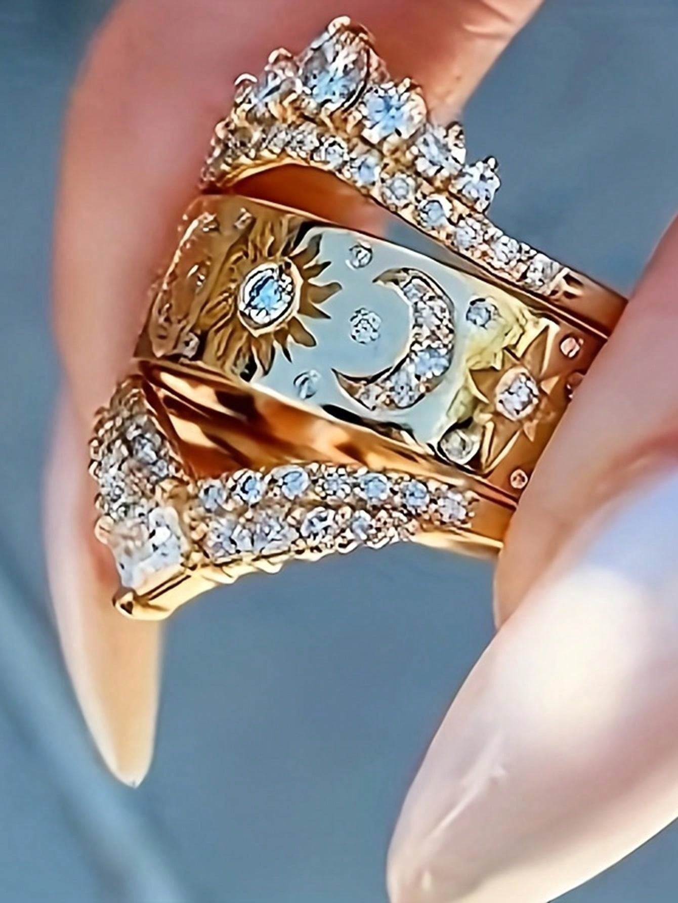 Radiant Celestial Ring Set: 3-Piece Luxury Star, Moon & Crown Design with Sparkling Cubic Zirconia 6 / Gold 6 / Silver