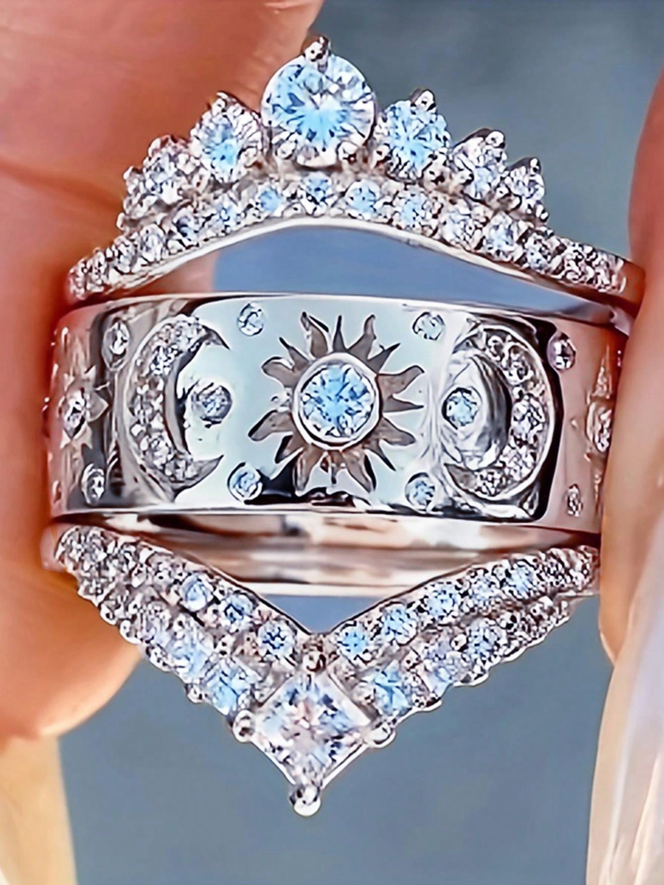Radiant Celestial Ring Set: 3-Piece Luxury Star, Moon & Crown Design with Sparkling Cubic Zirconia 6 / Gold 6 / Silver