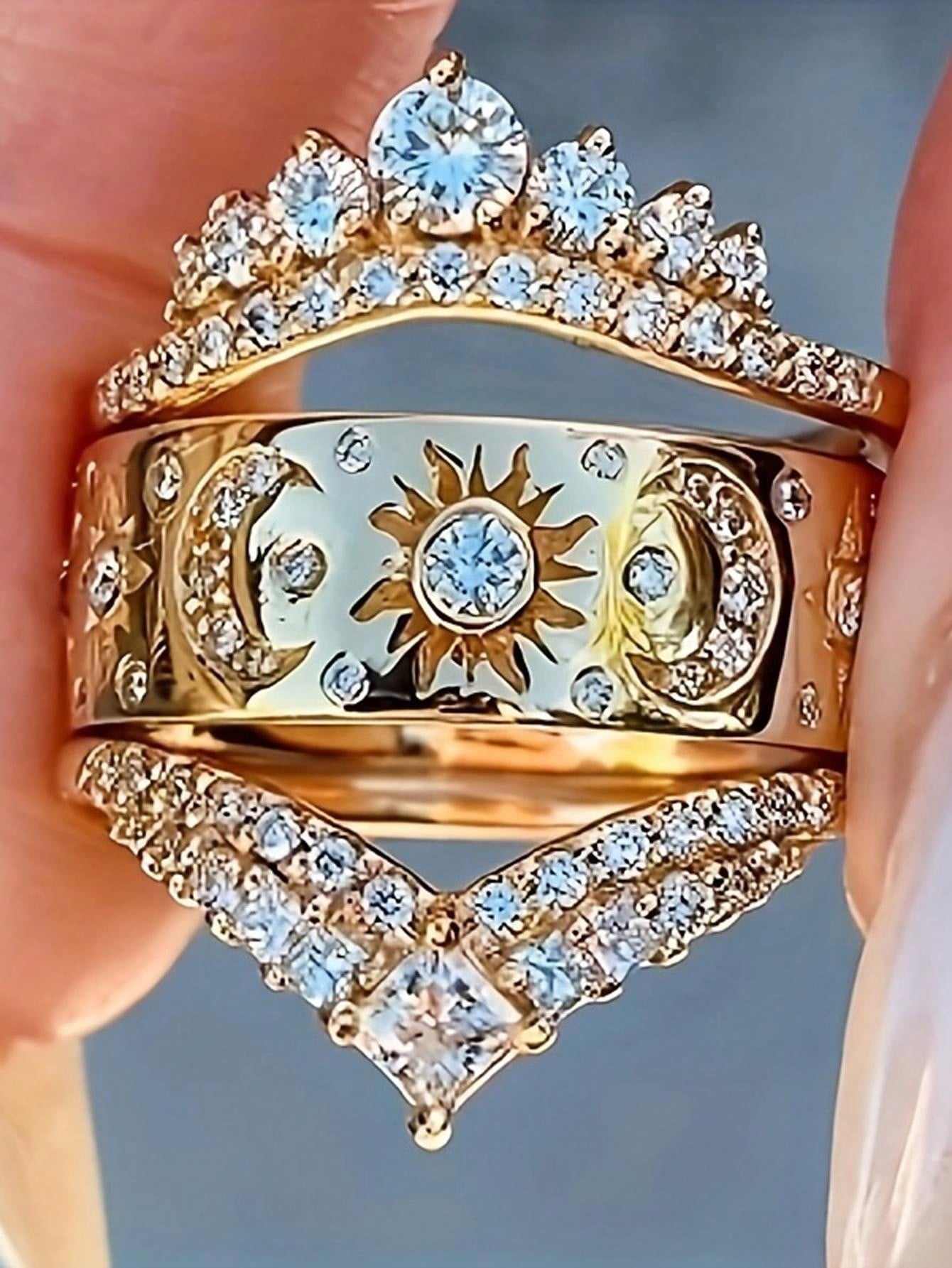 Radiant Celestial Ring Set: 3-Piece Luxury Star, Moon & Crown Design with Sparkling Cubic Zirconia 6 / Gold 6 / Silver