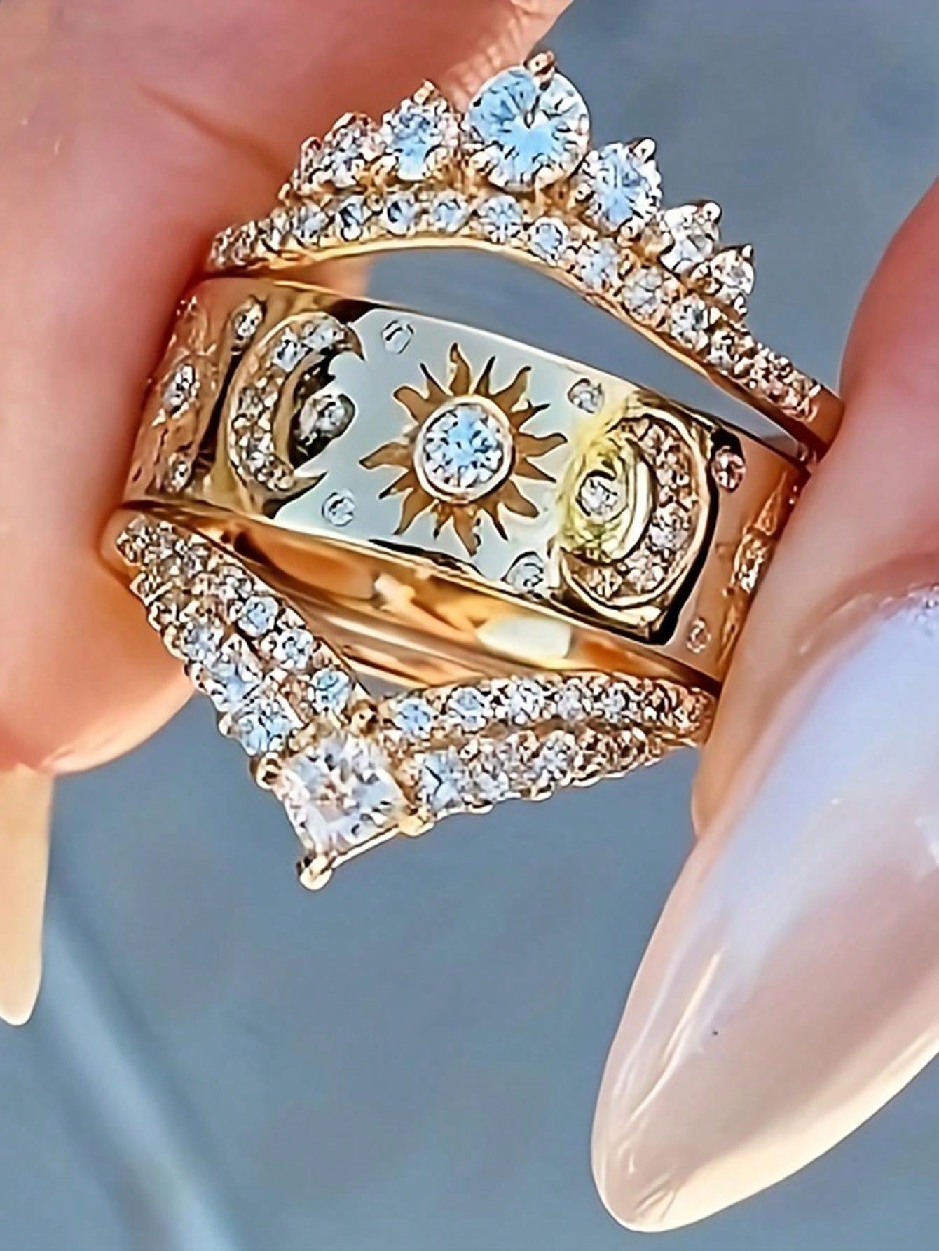 Radiant Celestial Ring Set: 3-Piece Luxury Star, Moon & Crown Design with Sparkling Cubic Zirconia 6 / Gold 6 / Silver