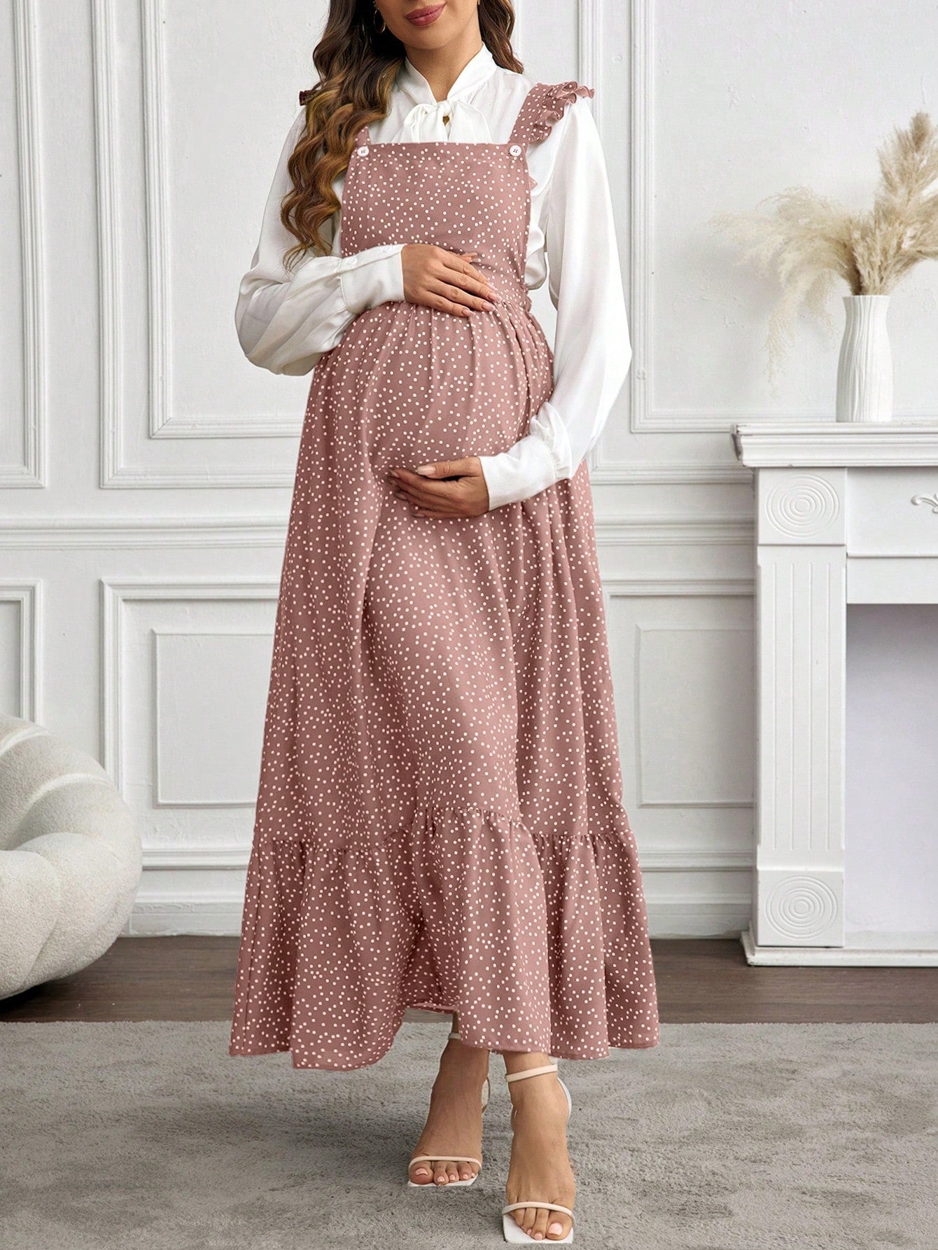 Floral Elegance: Adjustable Lace-Trim Maternity Dress Dusty Pink / S Dusty Pink / M