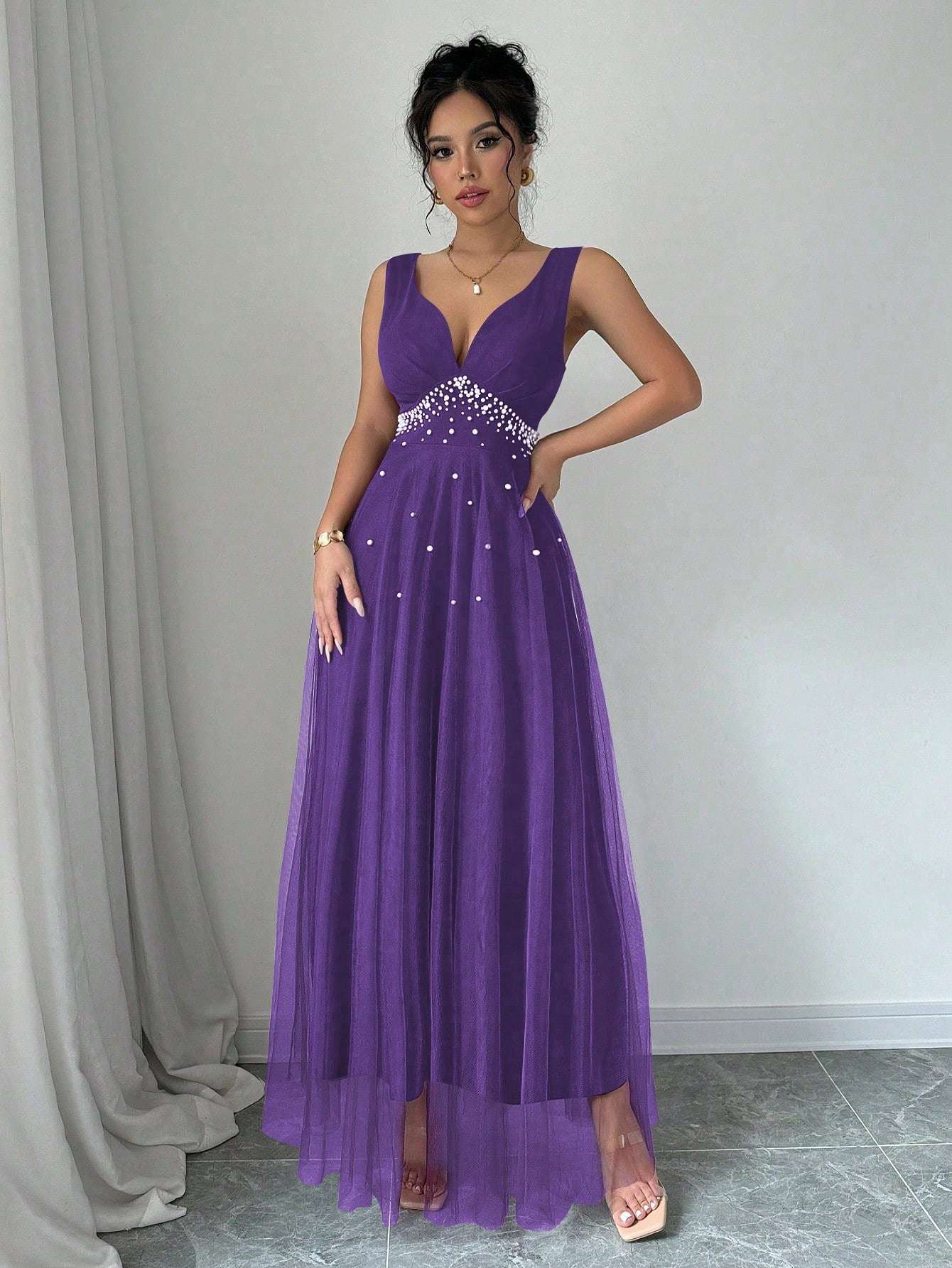 Elegant Belle Faux Pearl Beaded V-Neck Sleeveless Summer Maxi Dress