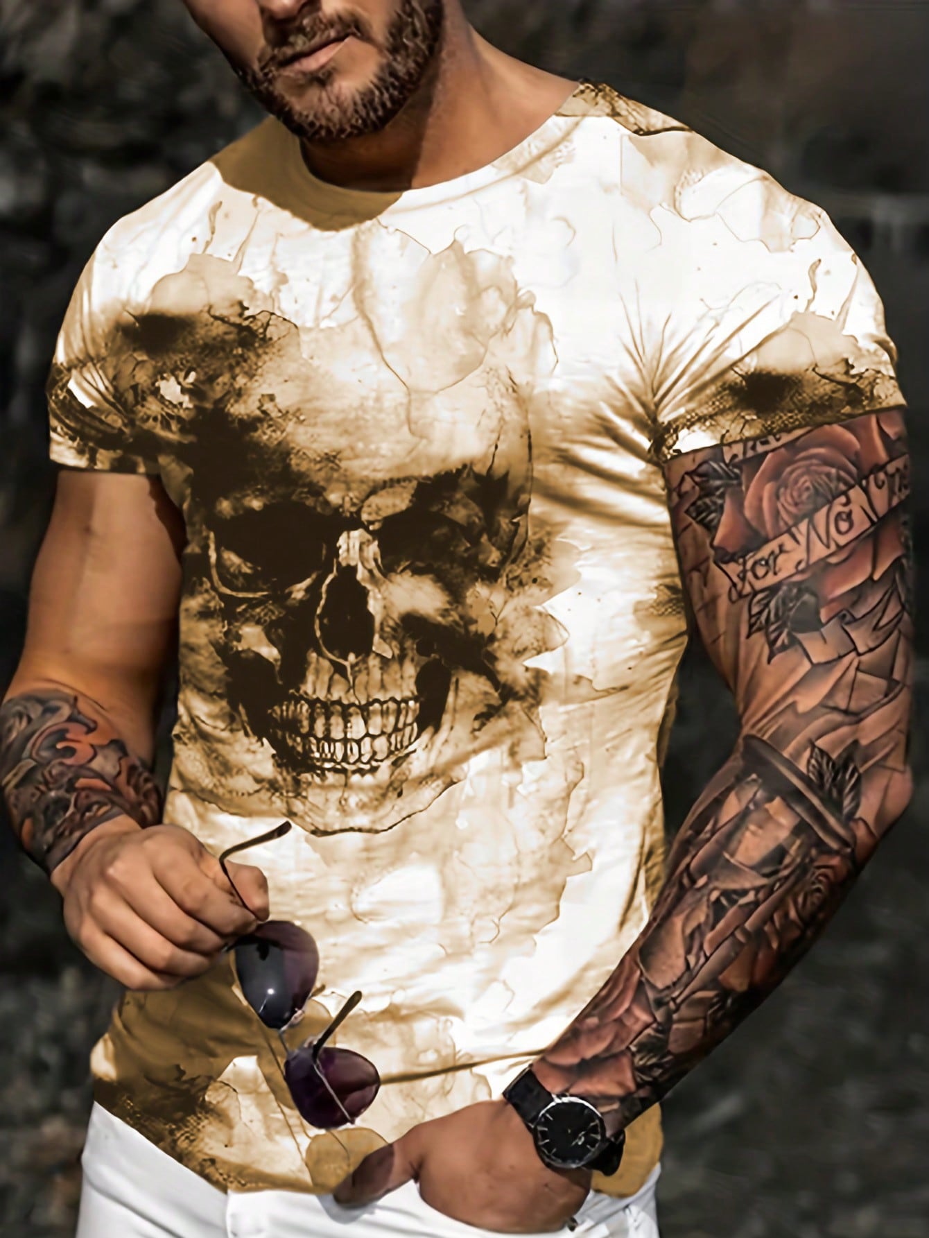 Bold Skull Graphic Casual Crew Neck T-Shirt for Men Yellow