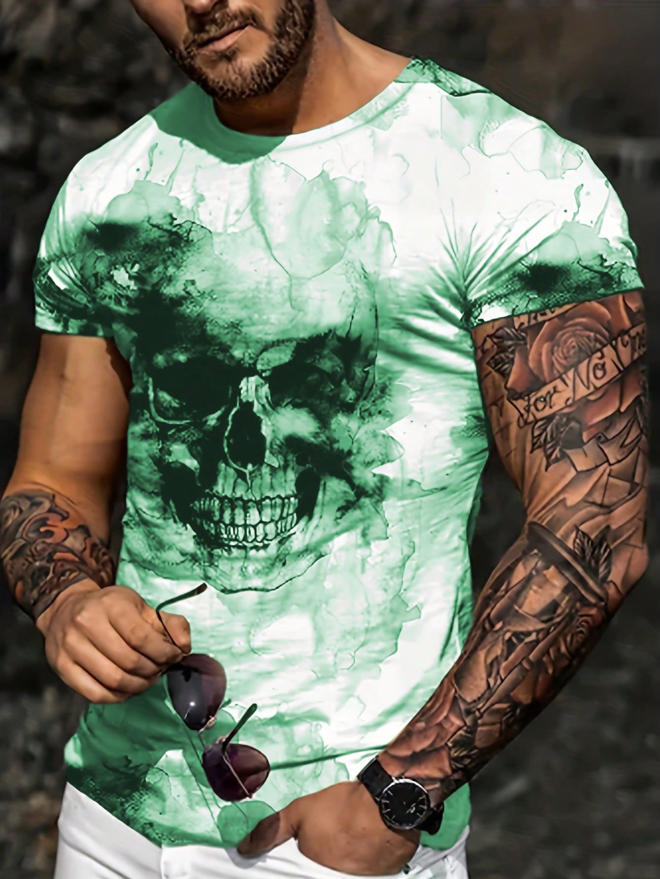 Bold Skull Graphic Casual Crew Neck T-Shirt for Men Olive Green