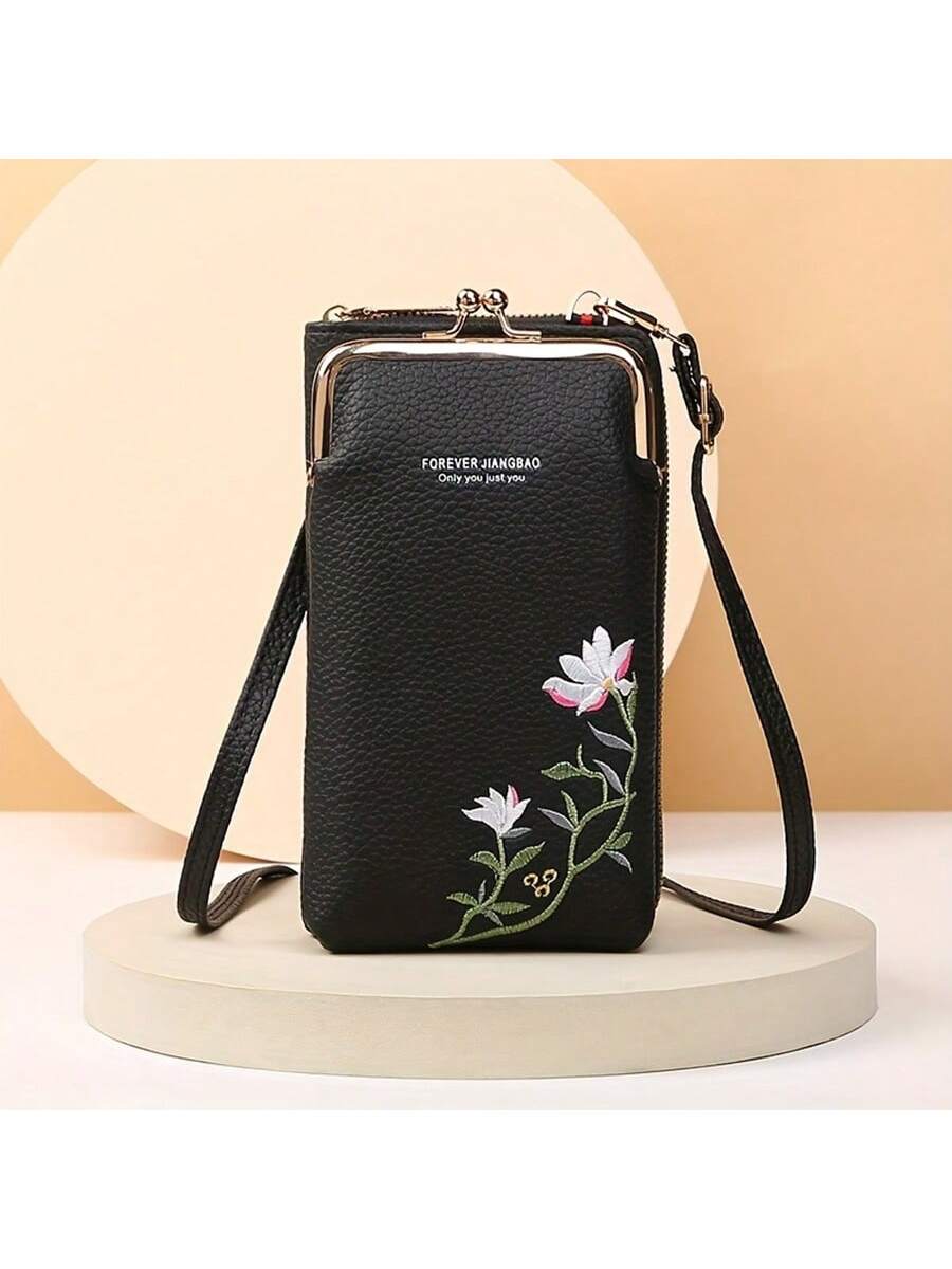 Chic Floral Embroidered Crossbody Phone Bag – Stylish Mini Handbag for Women Black
