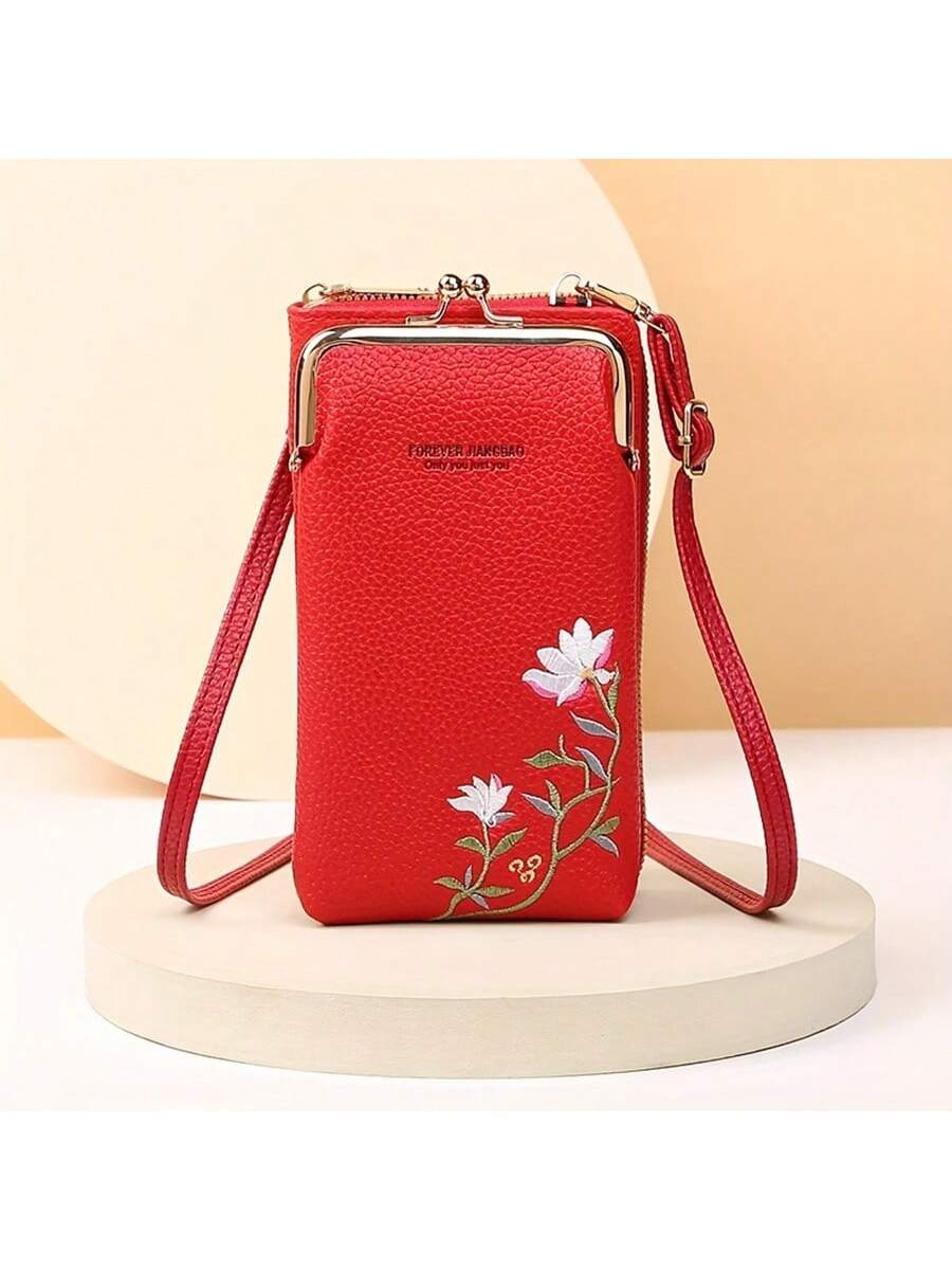 Chic Floral Embroidered Crossbody Phone Bag – Stylish Mini Handbag for Women Red