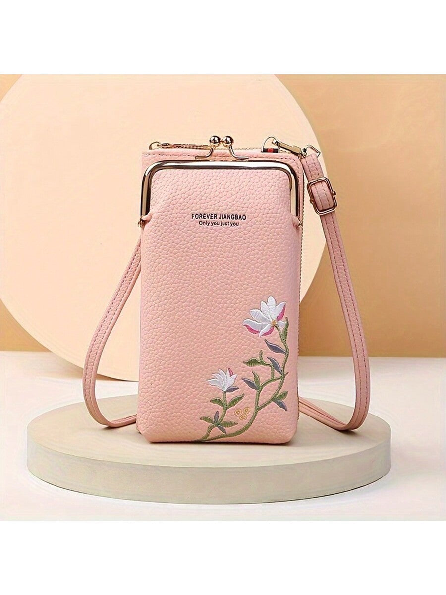 Chic Floral Embroidered Crossbody Phone Bag – Stylish Mini Handbag for Women Pink