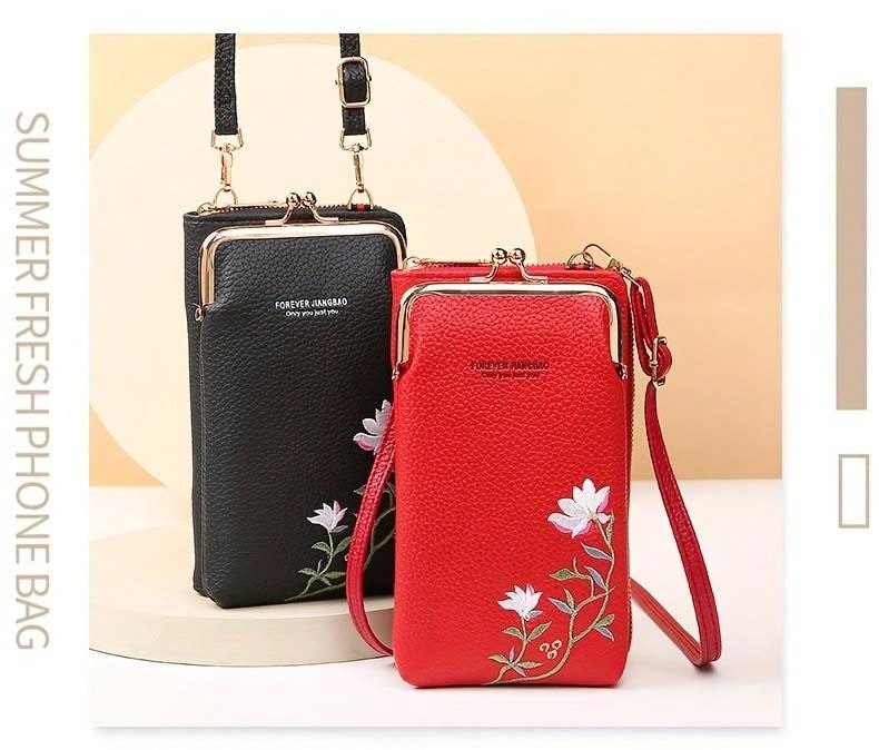 Chic Floral Embroidered Crossbody Phone Bag – Stylish Mini Handbag for Women