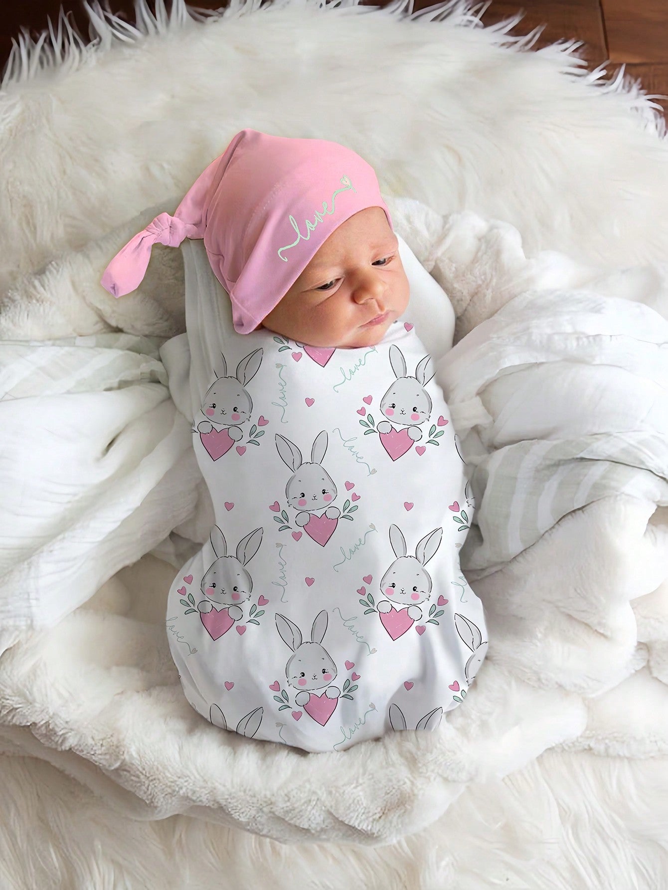 Adorable Rabbit Print Swaddle Blanket and Hat Set for Newborn Baby Boys – Perfect for Photography Props