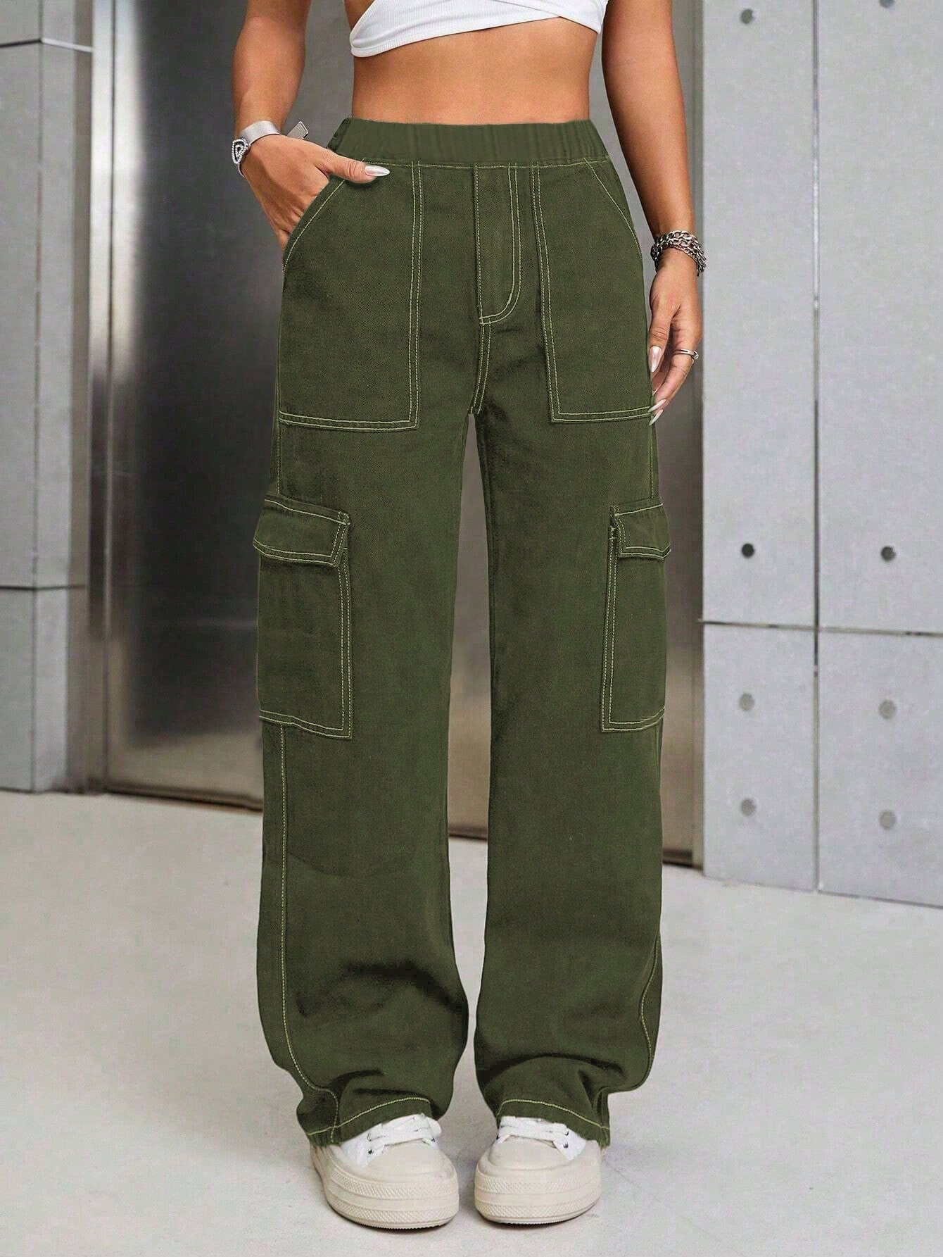 Chic & Versatile Vintage Denim Pocket Cargo Pants for Teen Girls – Perfect for All Seasons! Army Green
