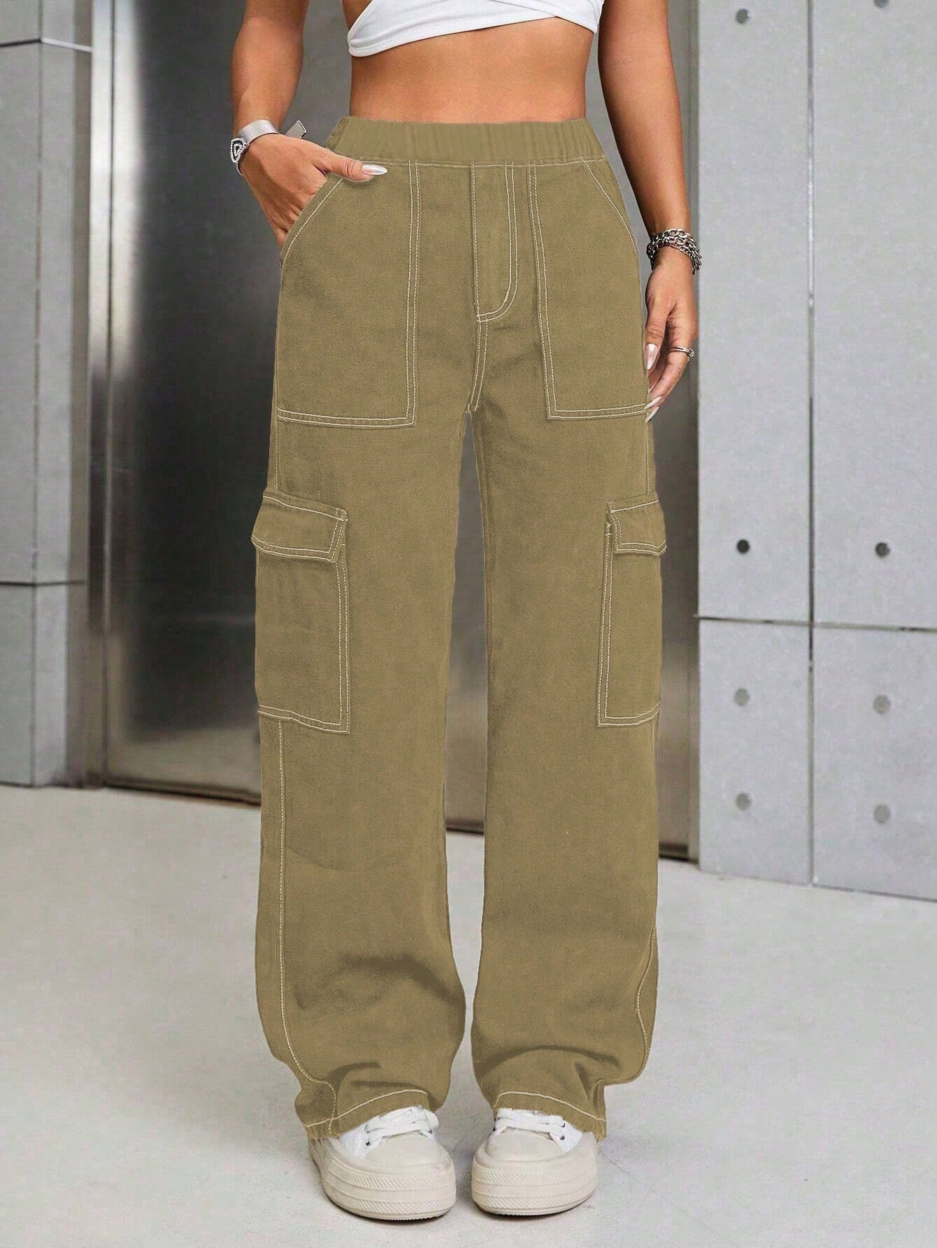 Chic & Versatile Vintage Denim Pocket Cargo Pants for Teen Girls – Perfect for All Seasons! Khaki