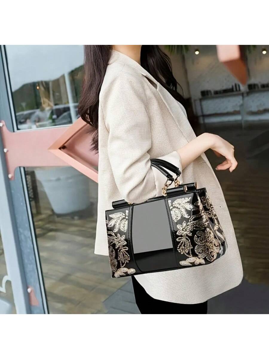 Chic Embroidered Patent Leather Tote Bag - Glamorous Sequin-Decorated Handbag for Effortless Style Green Blue