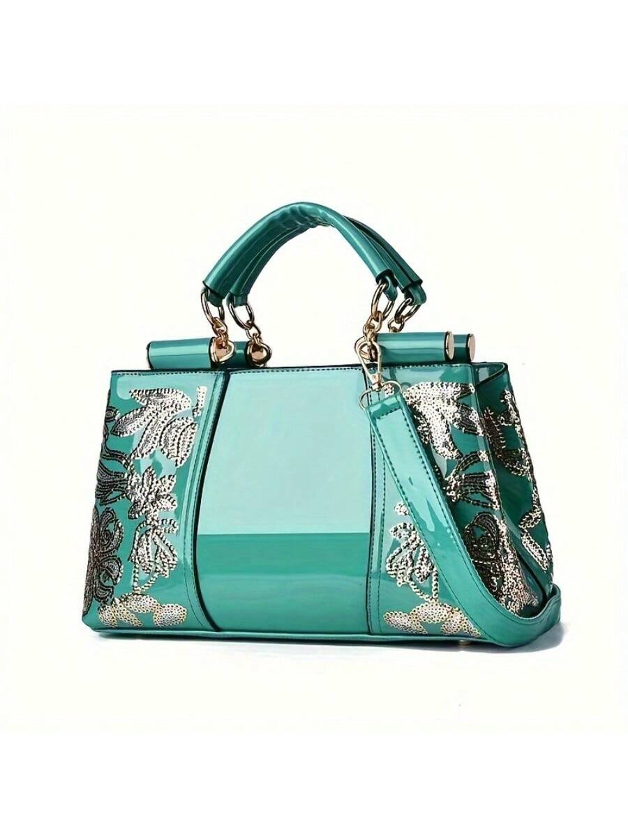 Chic Embroidered Patent Leather Tote Bag - Glamorous Sequin-Decorated Handbag for Effortless Style Green Blue