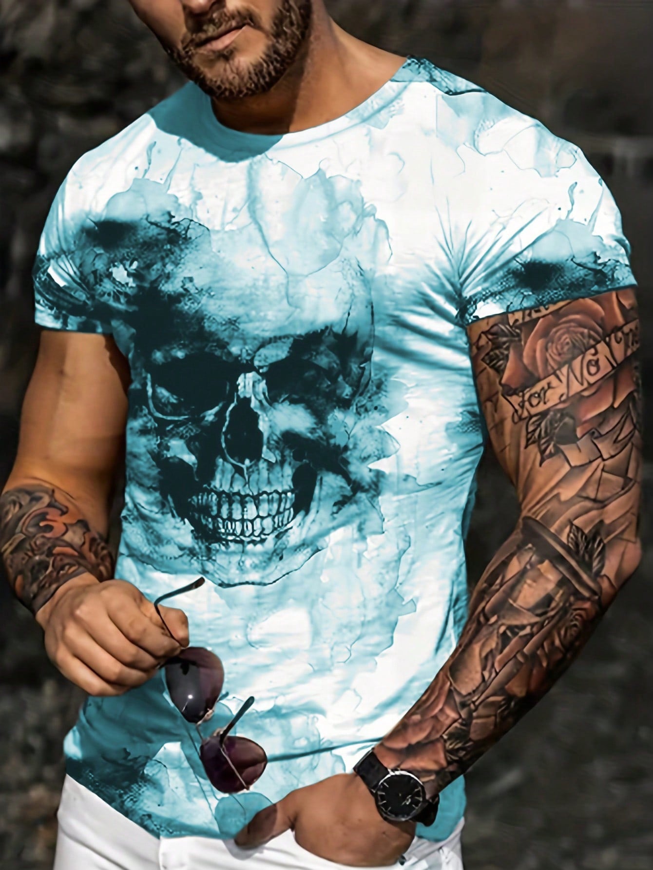 Bold Skull Graphic Casual Crew Neck T-Shirt for Men Multicolor