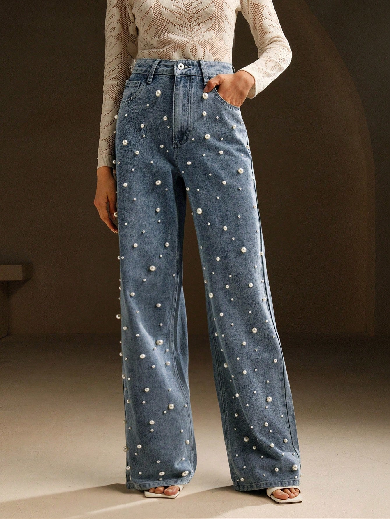 Chic & Stylish Women's High-Waist Pearl Embellished Wide Leg Jeans Black / S Black / M Black / L Black / S-Black / M-Black / L-Black / XL-Blue / S-Blue / M-Blue / L-Blue / XL-