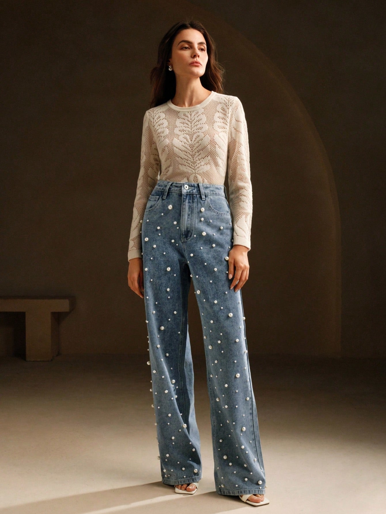 Chic & Stylish Women's High-Waist Pearl Embellished Wide Leg Jeans Black / S Black / M Black / L Black / S-Black / M-Black / L-Black / XL-Blue / S-Blue / M-Blue / L-Blue / XL-