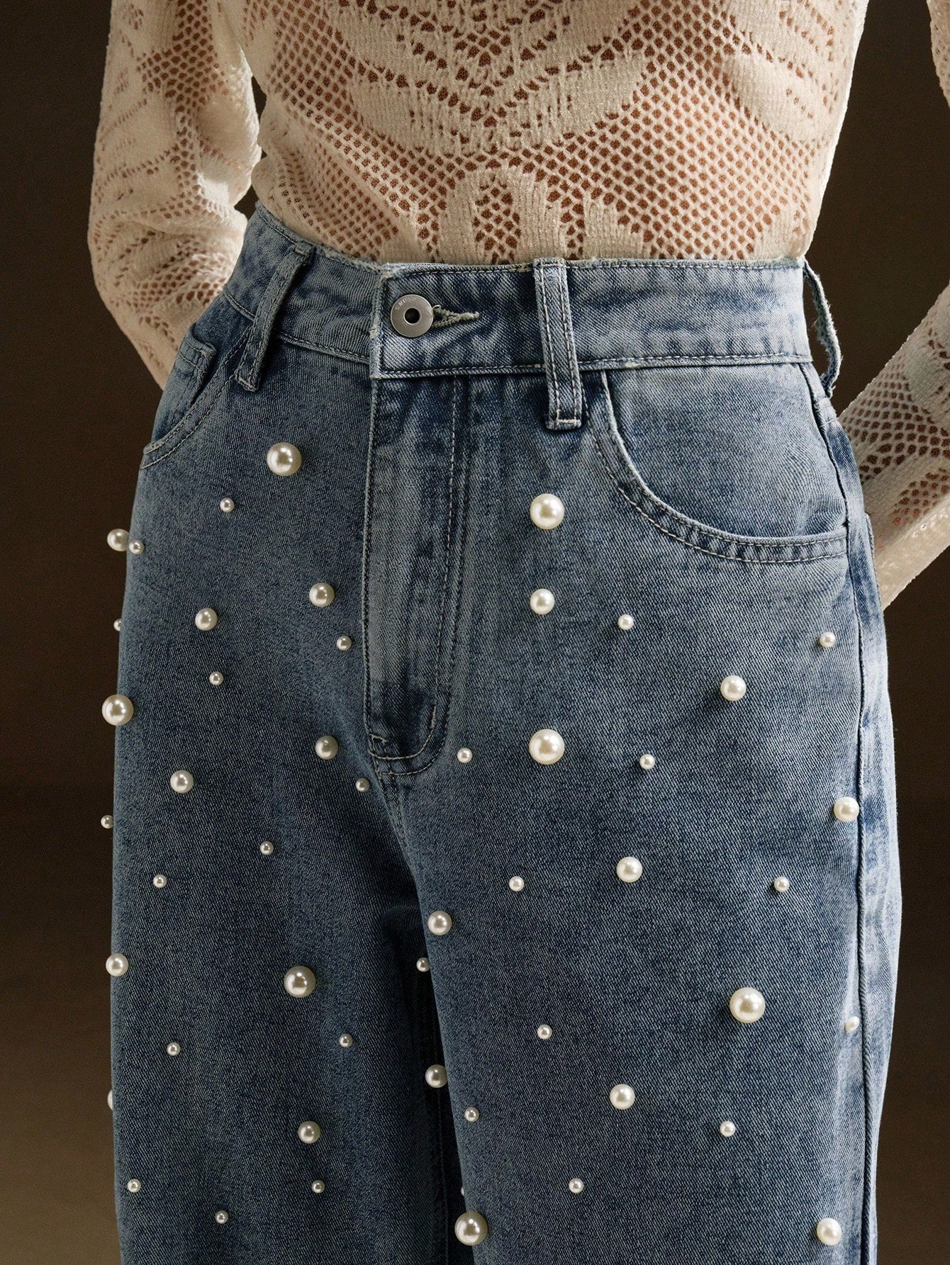 Chic & Stylish Women's High-Waist Pearl Embellished Wide Leg Jeans Black / S Black / M Black / L Black / S-Black / M-Black / L-Black / XL-Blue / S-Blue / M-Blue / L-Blue / XL-