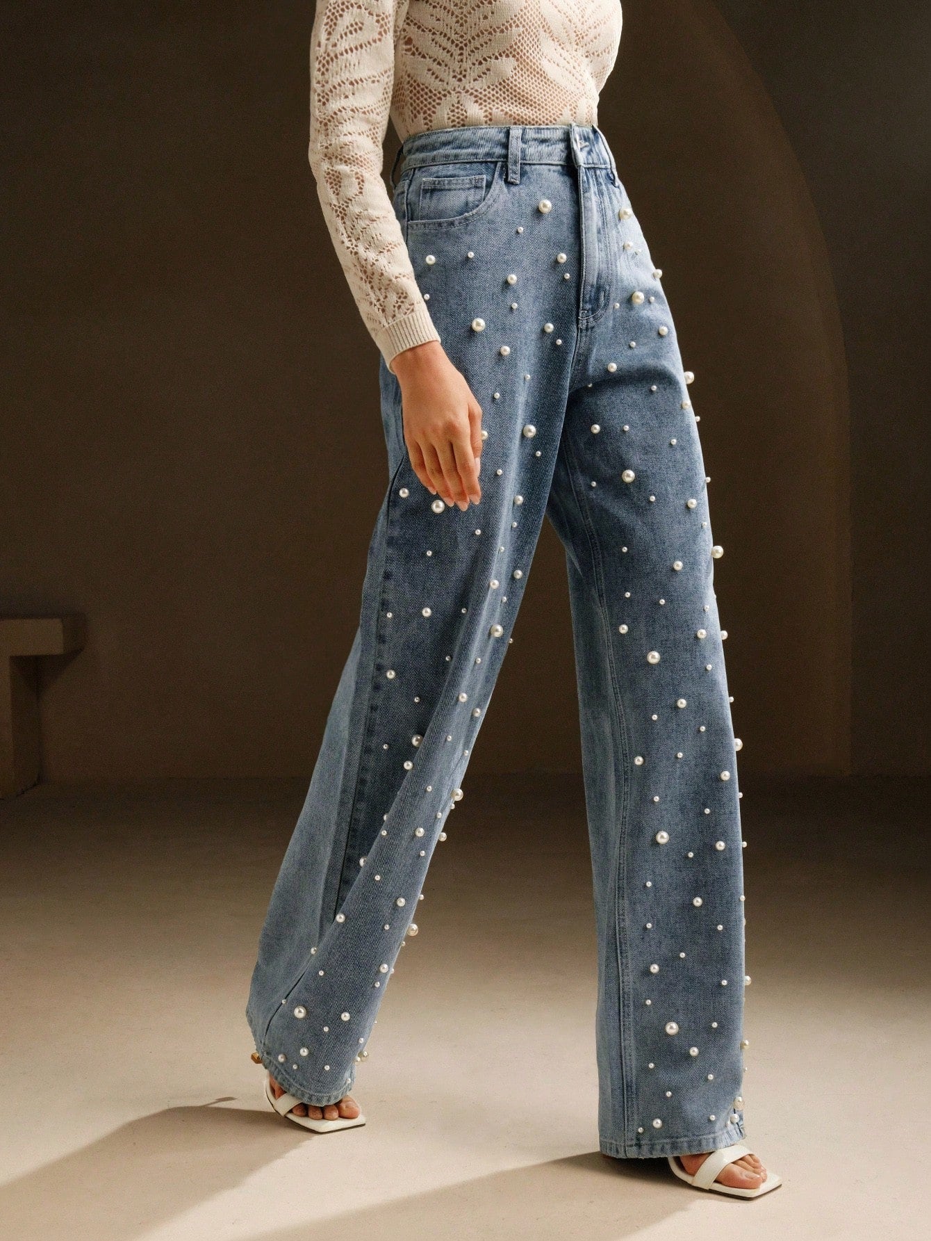 Chic & Stylish Women's High-Waist Pearl Embellished Wide Leg Jeans Black / S Black / M Black / L Black / S-Black / M-Black / L-Black / XL-Blue / S-Blue / M-Blue / L-Blue / XL-