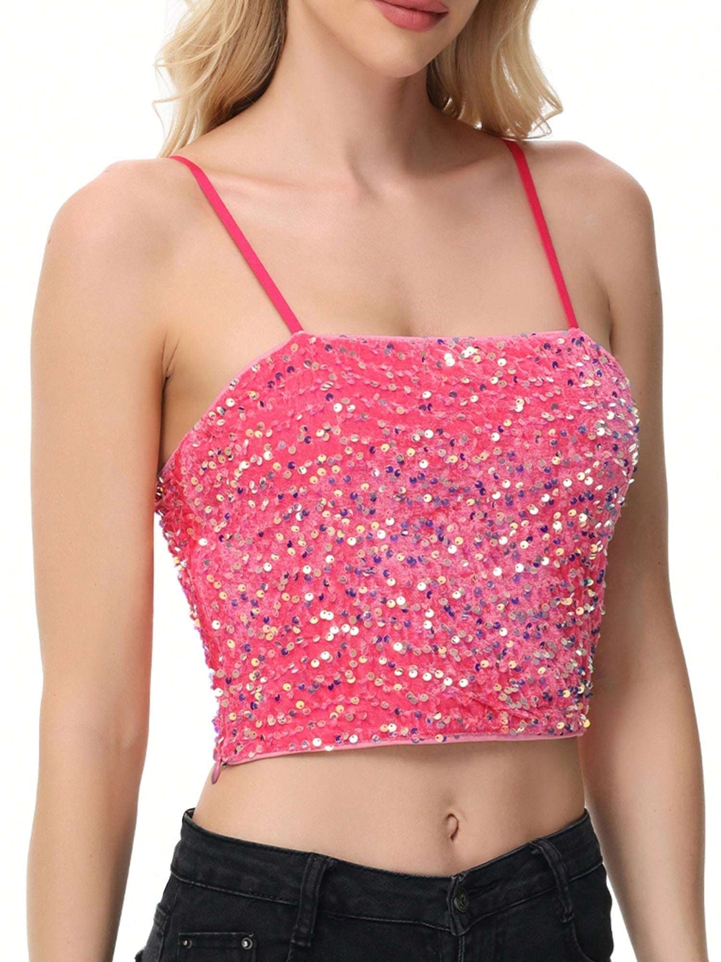 Sparkle & Shine: Women's Sequin Cami Crop Top for Club Parties