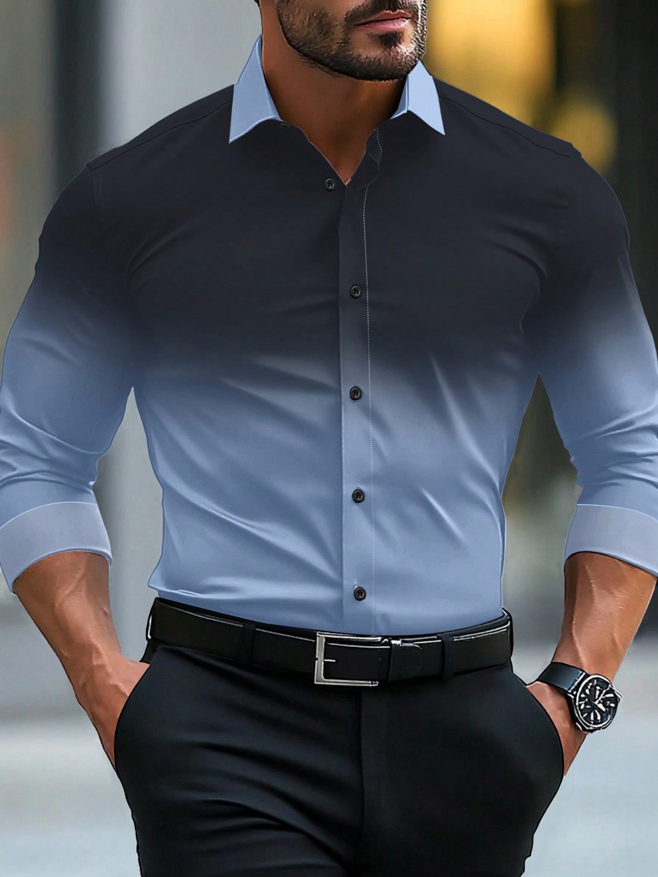 Summer Gradient Long Sleeve Business Shirt for Men - Stylish Travel Essential Royal Blue / XS Royal Blue / S