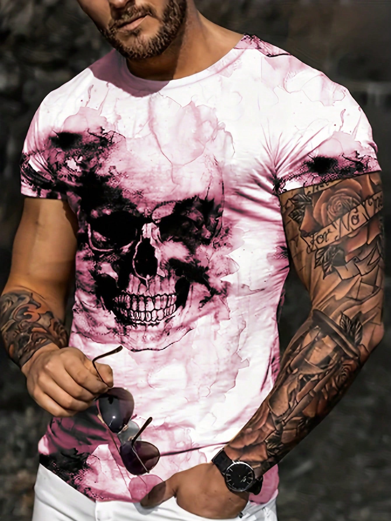 Bold Skull Graphic Casual Crew Neck T-Shirt for Men Pink
