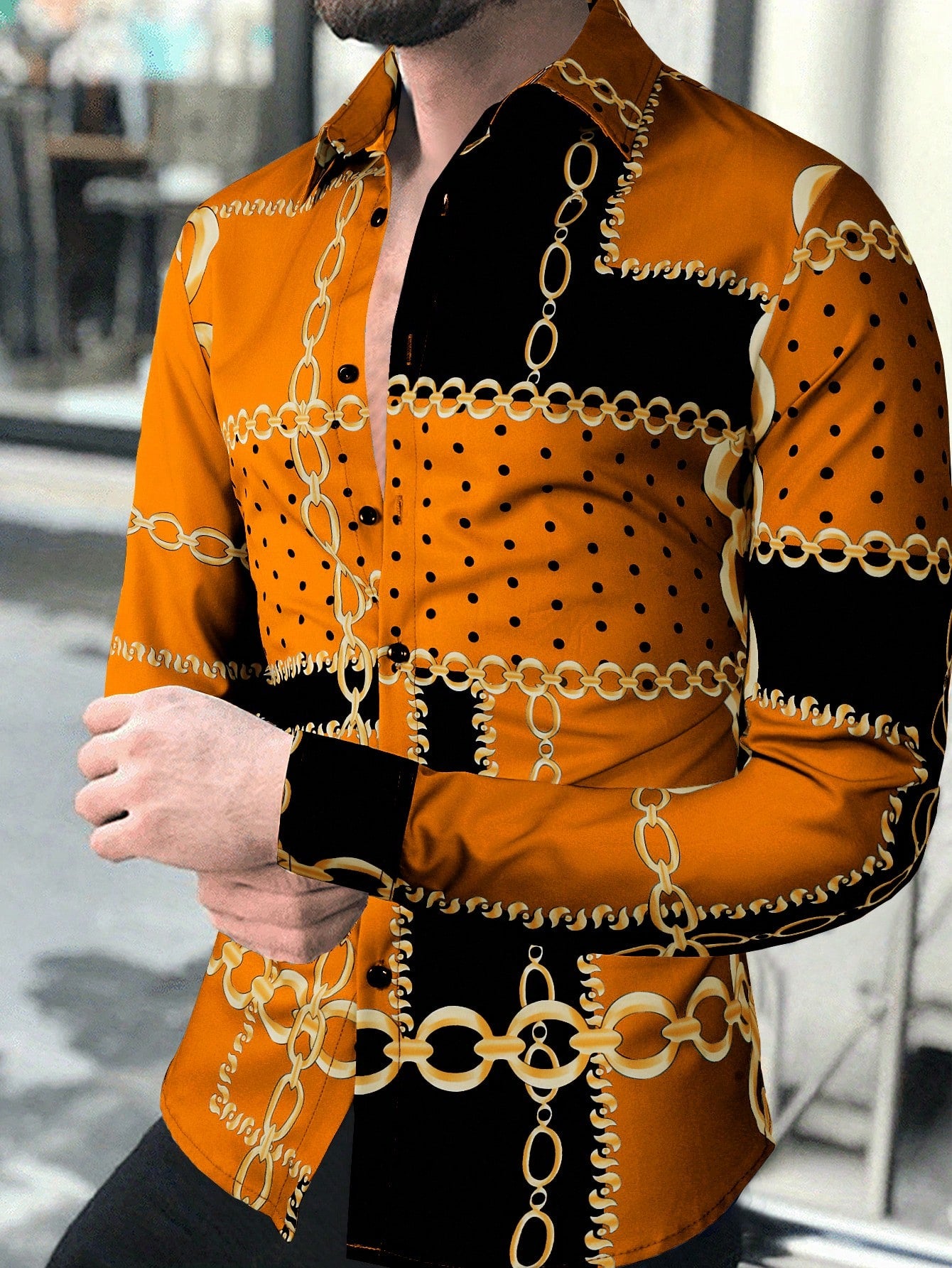 Trendy Autumn Vibes: Men's Casual Long Sleeve Shirt with Chain Orange