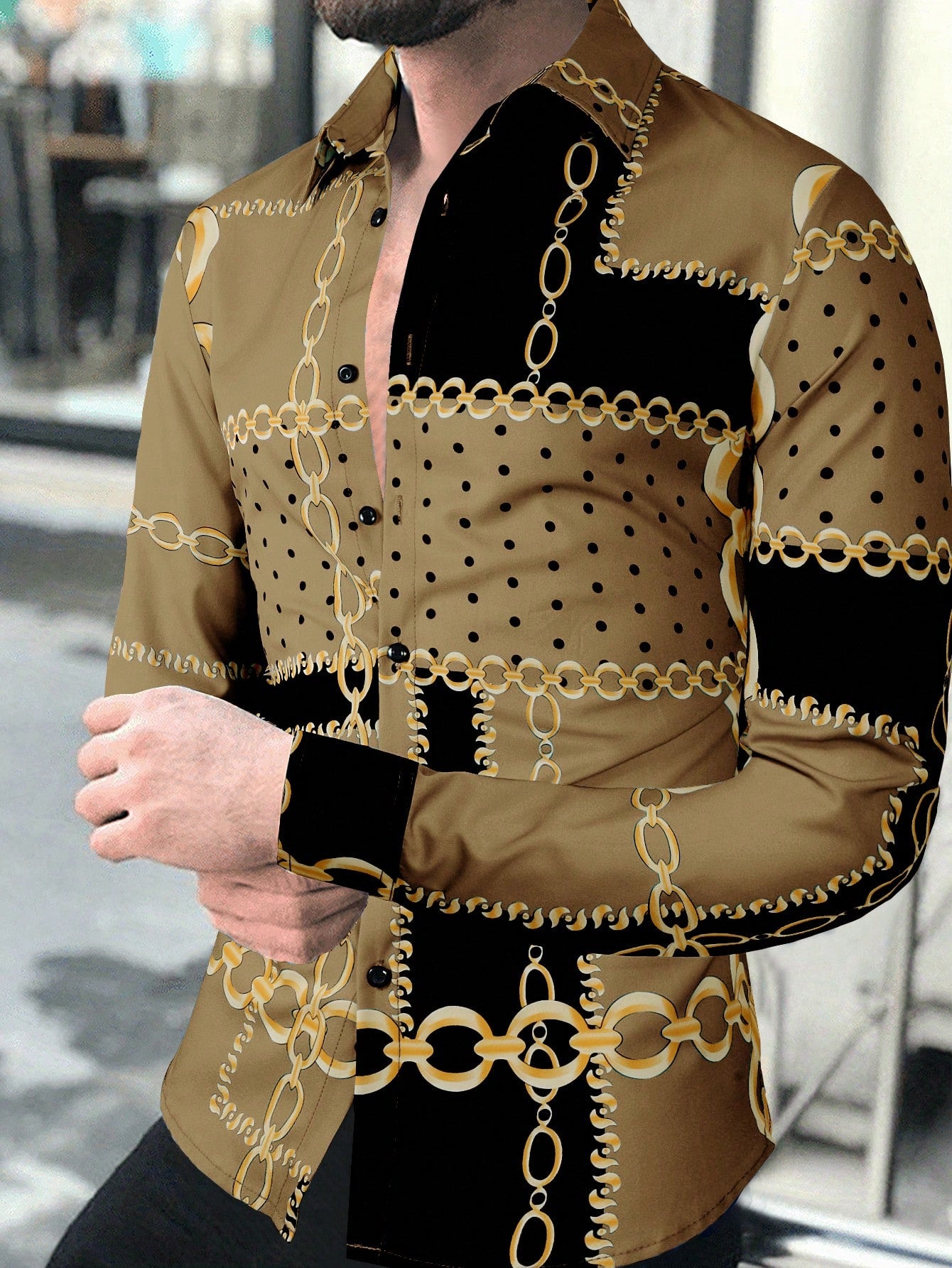Trendy Autumn Vibes: Men's Casual Long Sleeve Shirt with Chain Khaki