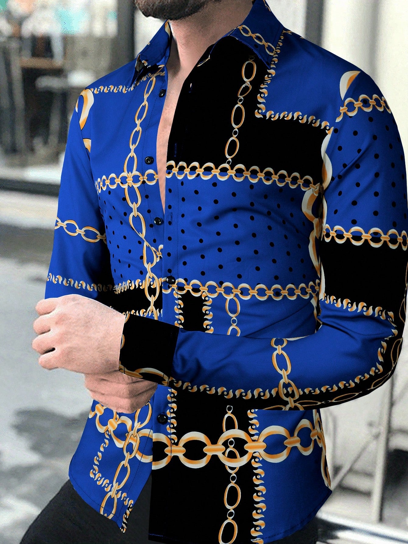 Trendy Autumn Vibes: Men's Casual Long Sleeve Shirt with Chain Royal Blue