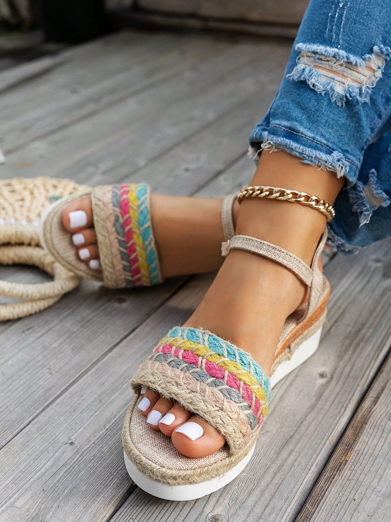 Bohemian Chic: Beige Woven Strap Platform Wedge Sandals with Handmade Beaded Rope Bottom Multicolor / CN36 Multicolor / CN37