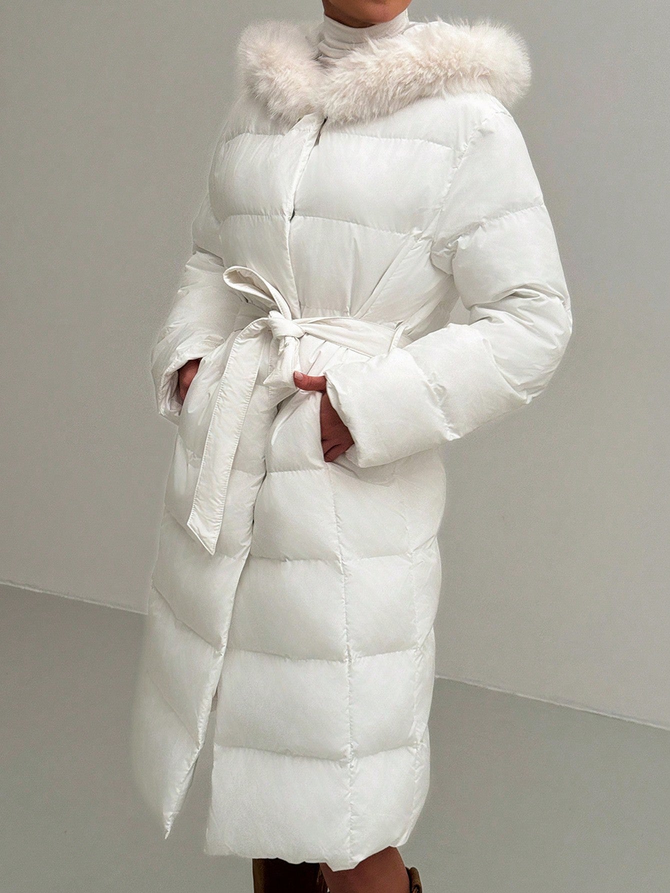 Cozy Elegance: Women's Long Hooded Padded Coat with Furry Trim - Wind Resistant