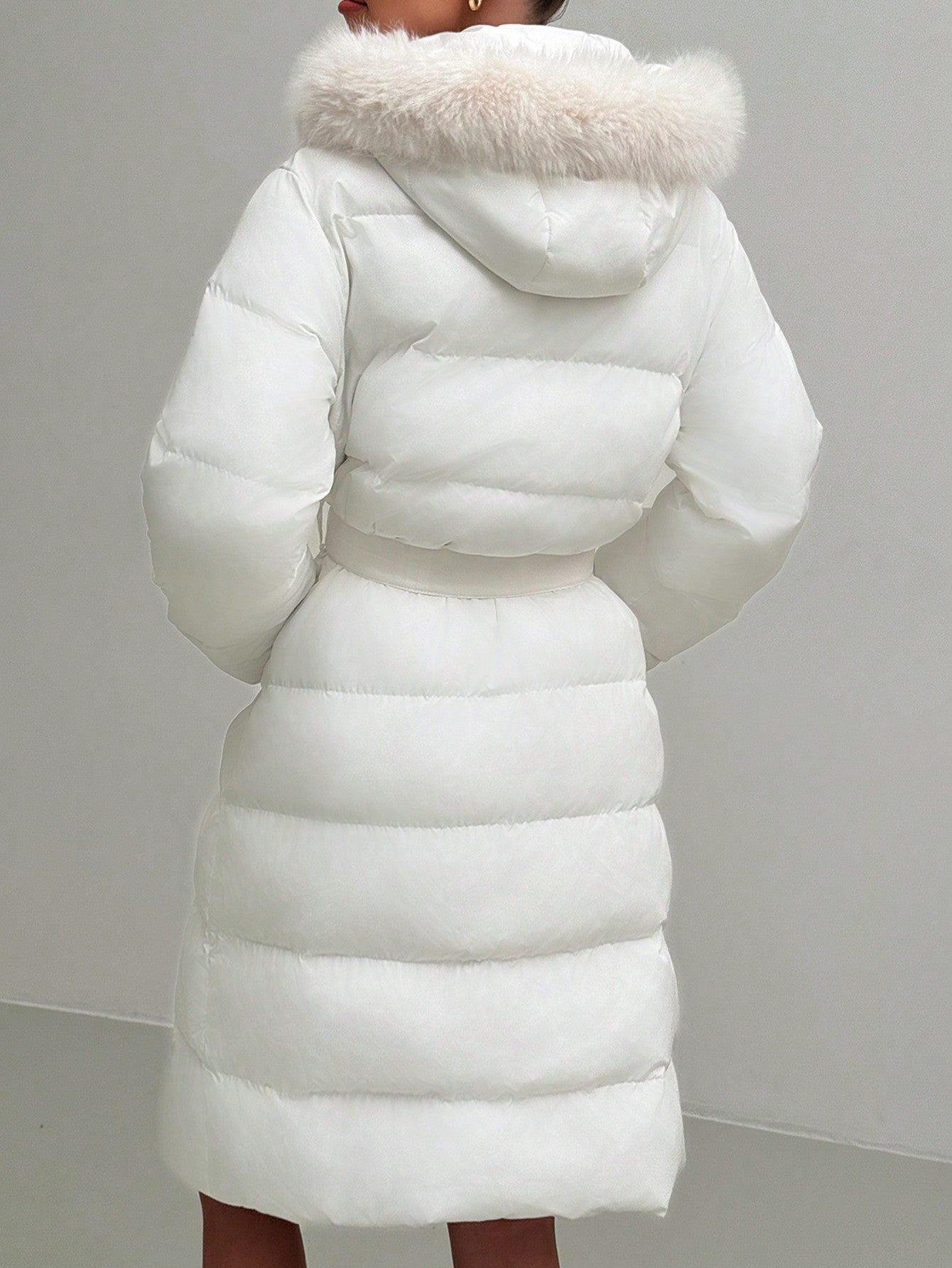Cozy Elegance: Women's Long Hooded Padded Coat with Furry Trim - Wind Resistant