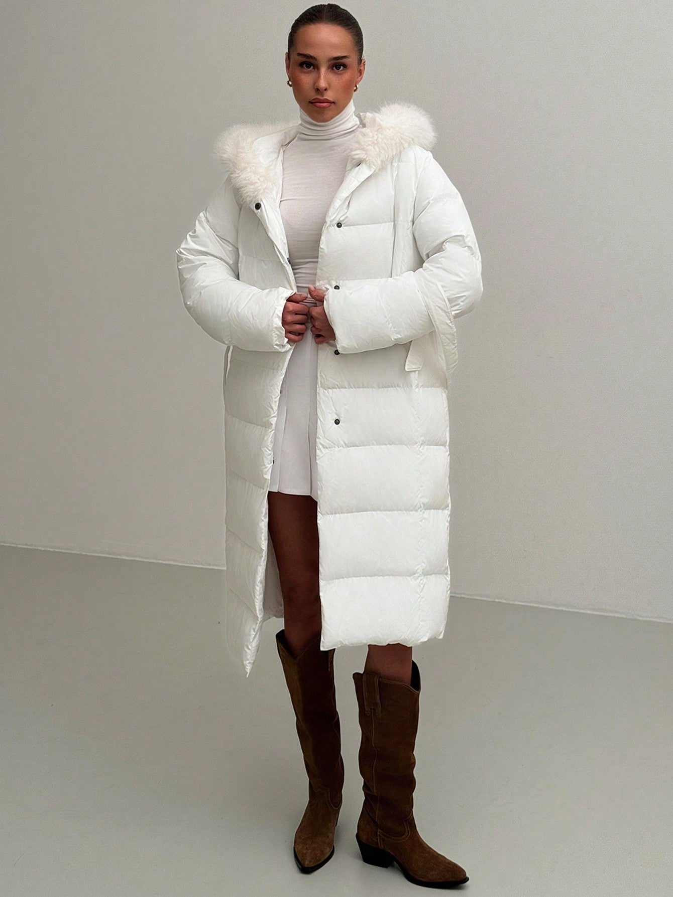Cozy Elegance: Women's Long Hooded Padded Coat with Furry Trim - Wind Resistant