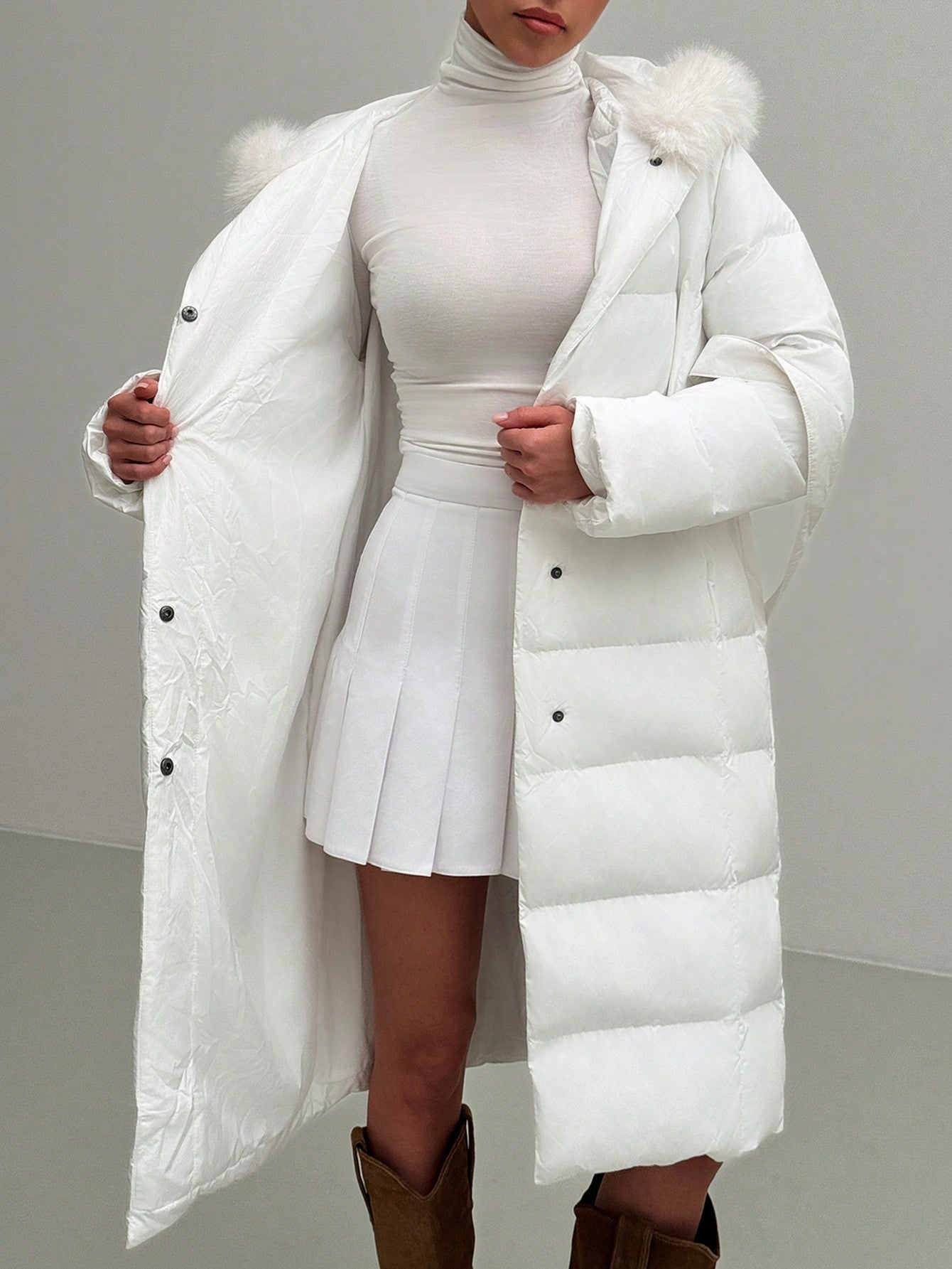 Cozy Elegance: Women's Long Hooded Padded Coat with Furry Trim - Wind Resistant