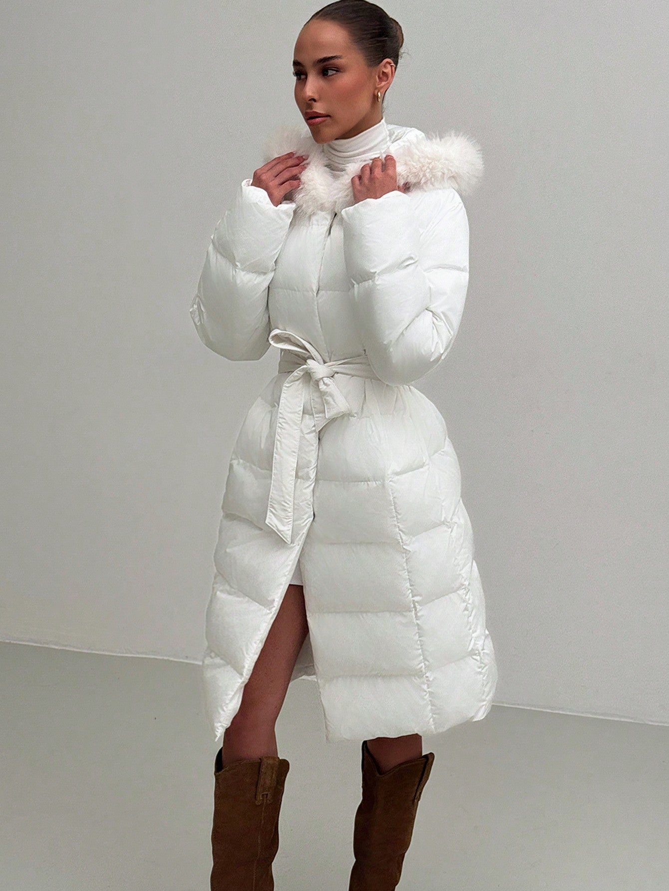 Cozy Elegance: Women's Long Hooded Padded Coat with Furry Trim - Wind Resistant