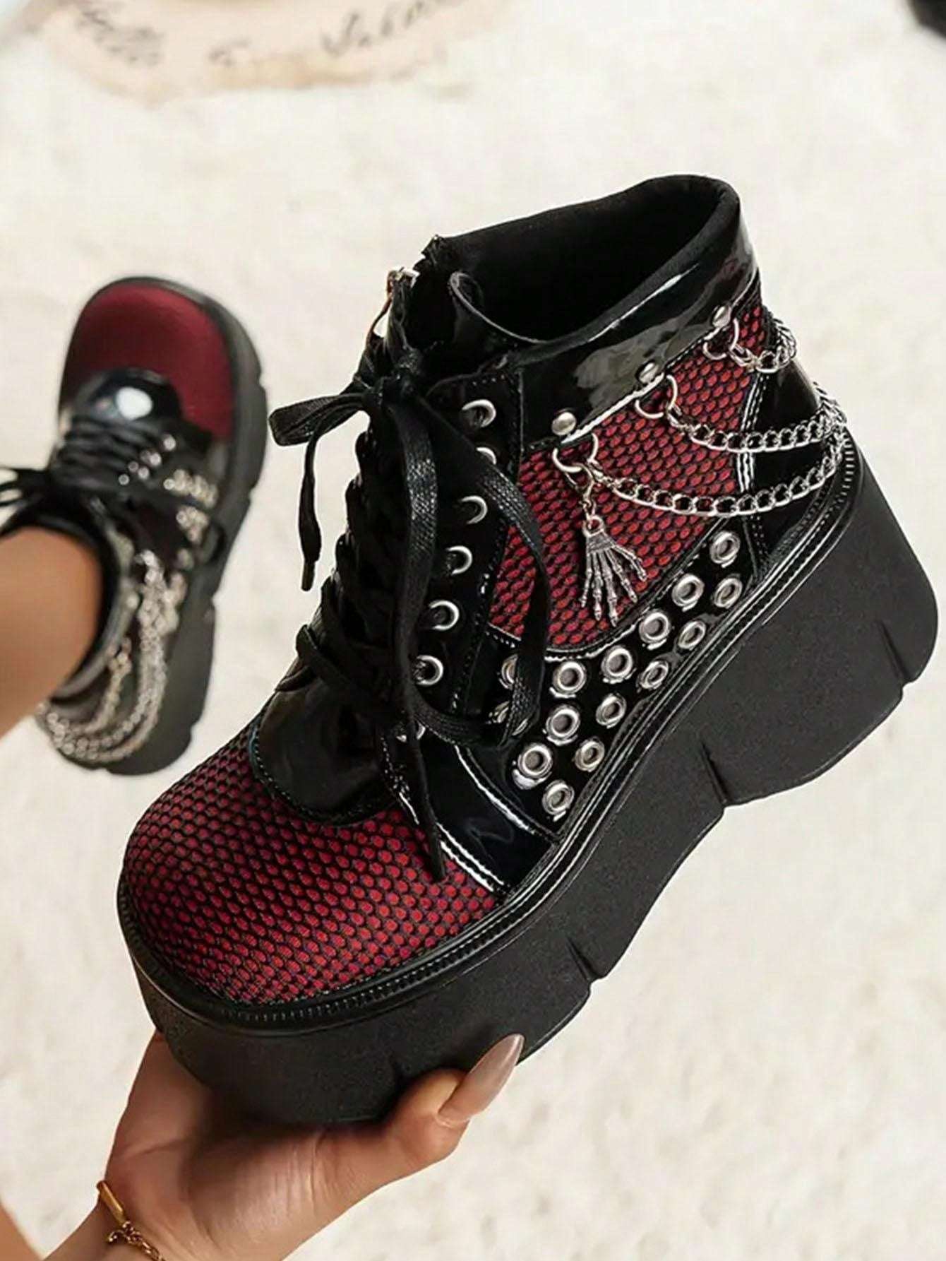 Elevate Your Style: Women's Punk Goth Platform Ankle Boots with Chain Details Black / US6 Black / US6.5 Black / US7 Black / US6-Black / US6.5-Black / US7-Black / US8-Black / US8.5-Black / US9-Black / US9.5-Red / US6-Red / US6.5-Red / US7-Red / US8-Red / US8.5-Red / US9-Red / US9.5-