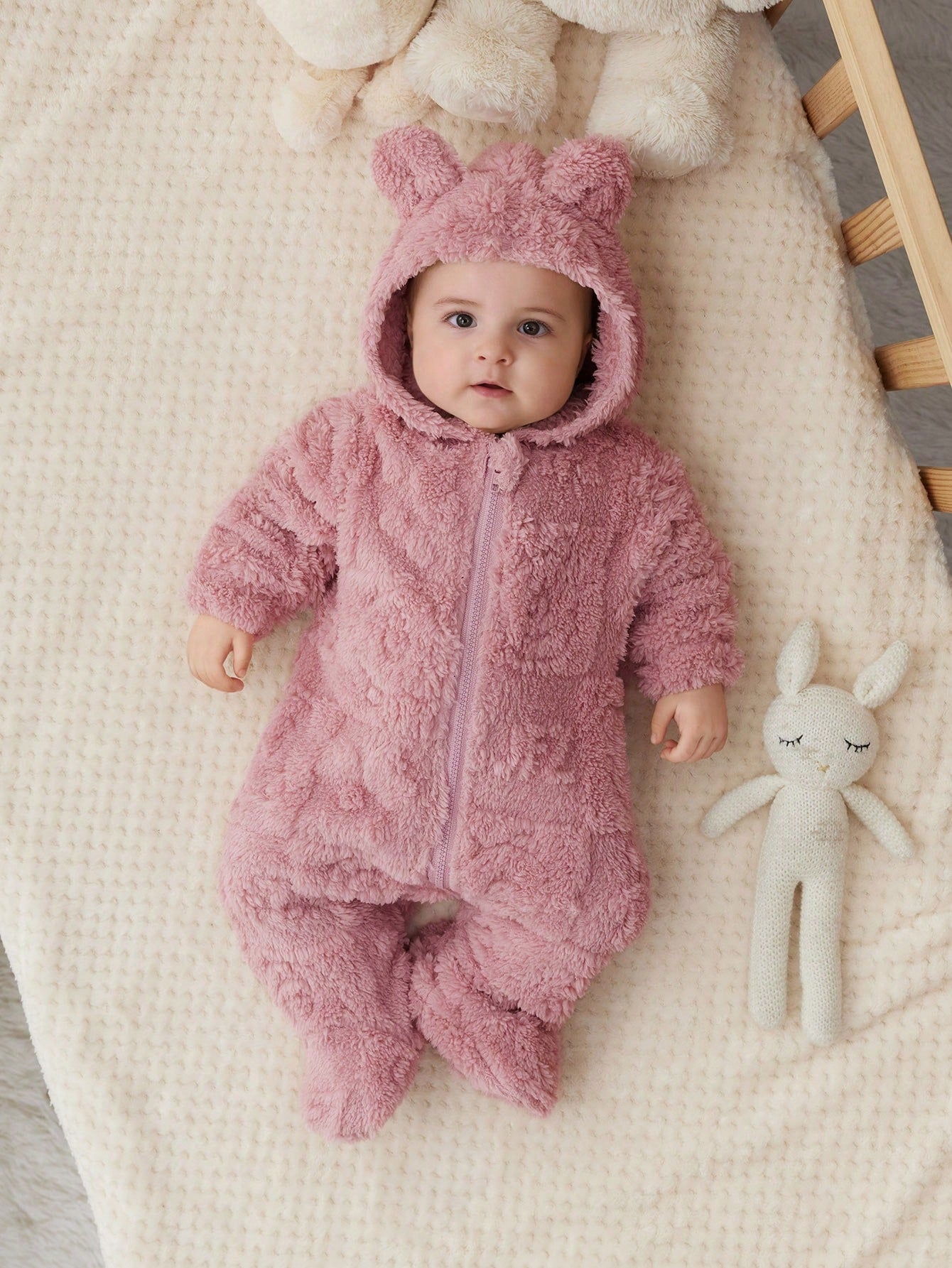 Cuddly Cartoon Print Fleece Hooded Romper for Newborns - Perfect for Autumn & Winter Adventures! White / 0-1M White / 1-3M