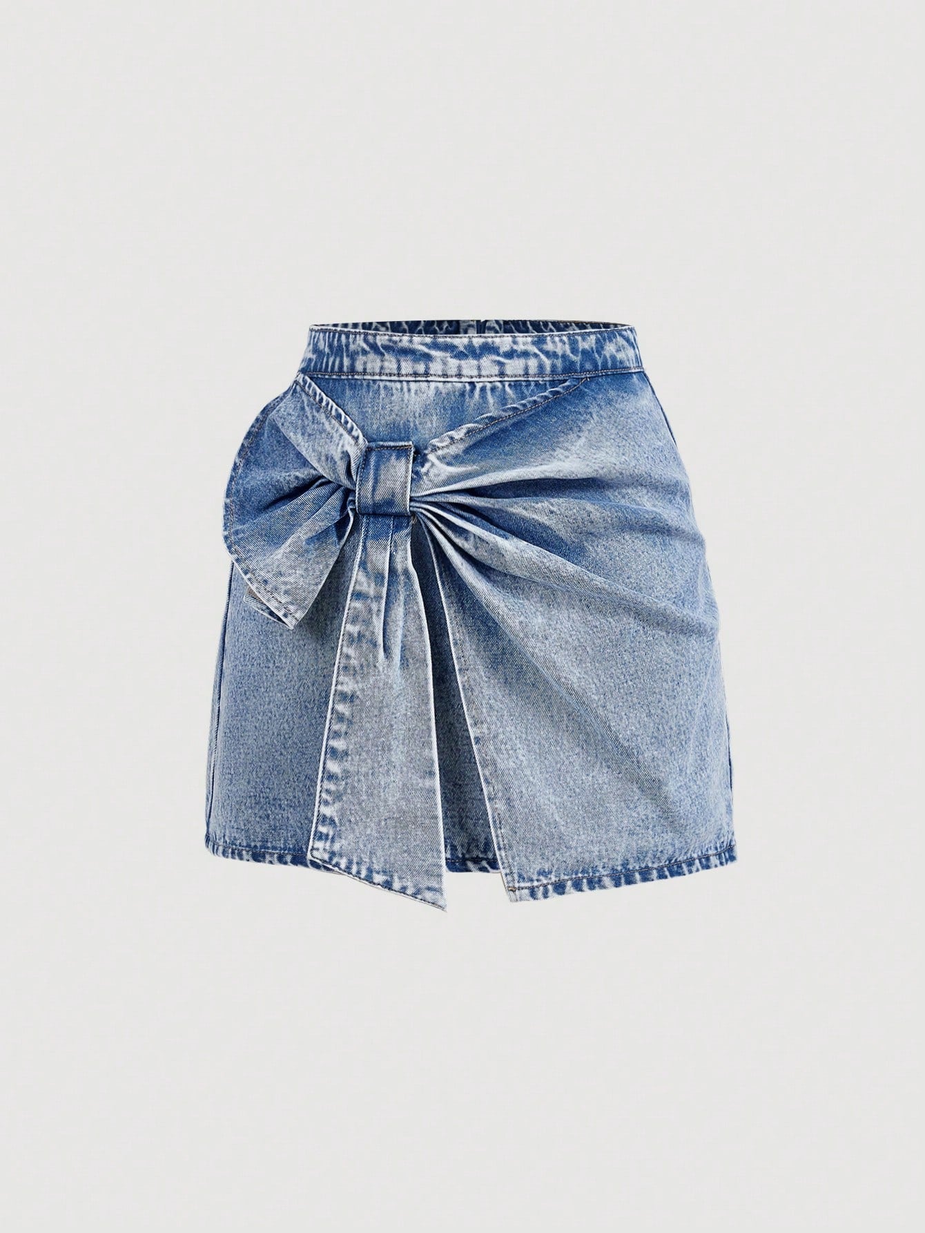 Chic High-Waisted Denim Mini Skirt with Bowknot Detail for a Stylish Look Light Wash-2
