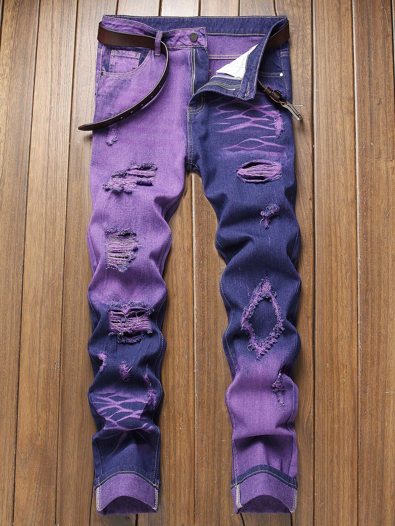 Men's Fashion Distressed Ripped Jeans - Slim Straight Leg Biker Style Denim Blue/Baby Pink / 30 Blue/Baby Pink / 32 Blue/Baby Pink / 34 Blue/Baby Pink / 30-Blue/Baby Pink / 32-Blue/Baby Pink / 34-Blue/Baby Pink / 36-Blue/Baby Pink / 38-Blue/Baby Pink / 40-Blue/Baby Pink / 42-Purple / 30-Purple / 32-Purple / 34-Purple / 36-Purple / 38-Purple / 40-Purple / 42-