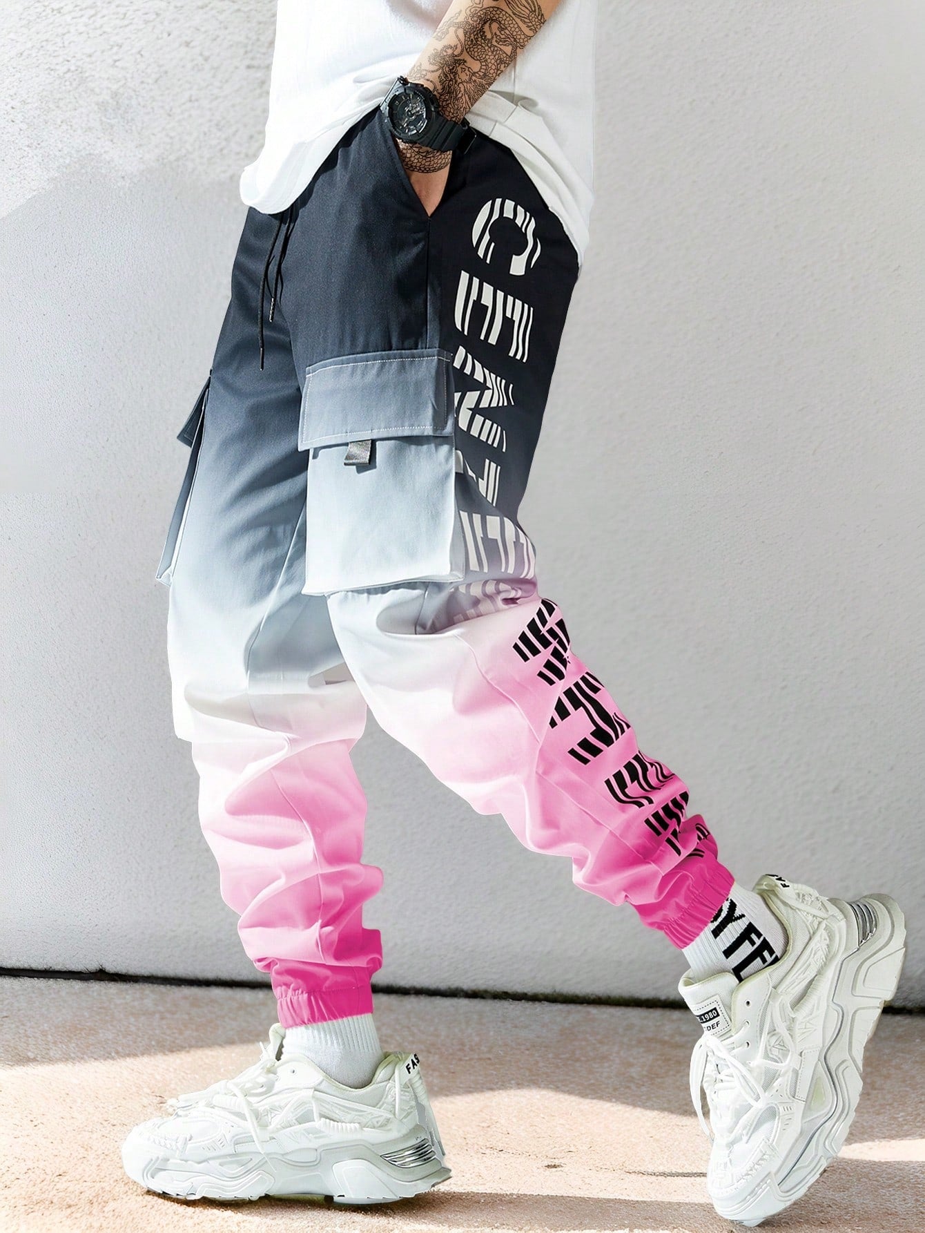 Ombre Multi-Pocket Casual Pants with Front Tie & Letter Print for Men Multicolor / S Multicolor / M