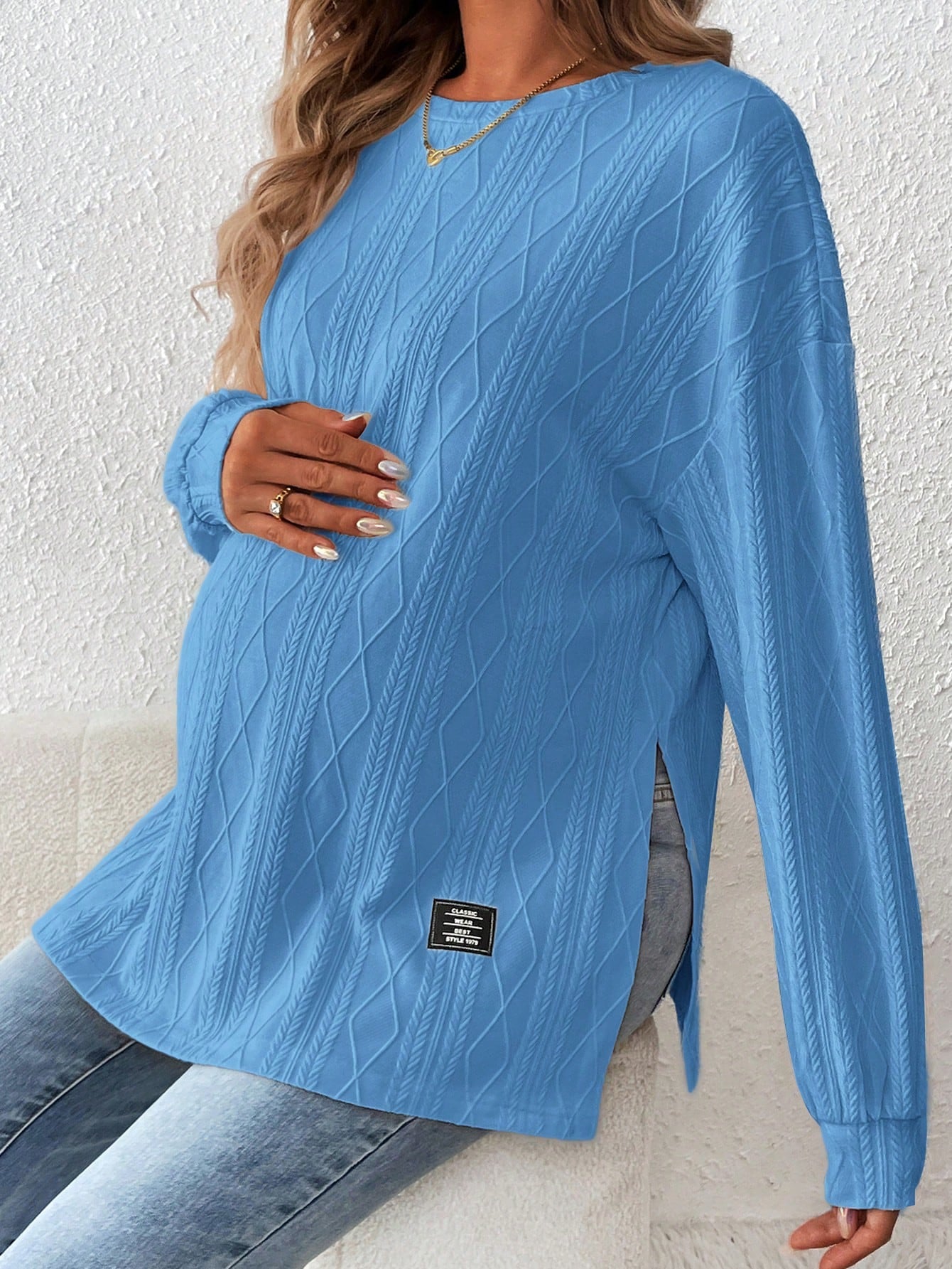 Maternity Textured Split Hem Dolman Sleeve T-Shirt for Fall Apricot / S Apricot / M
