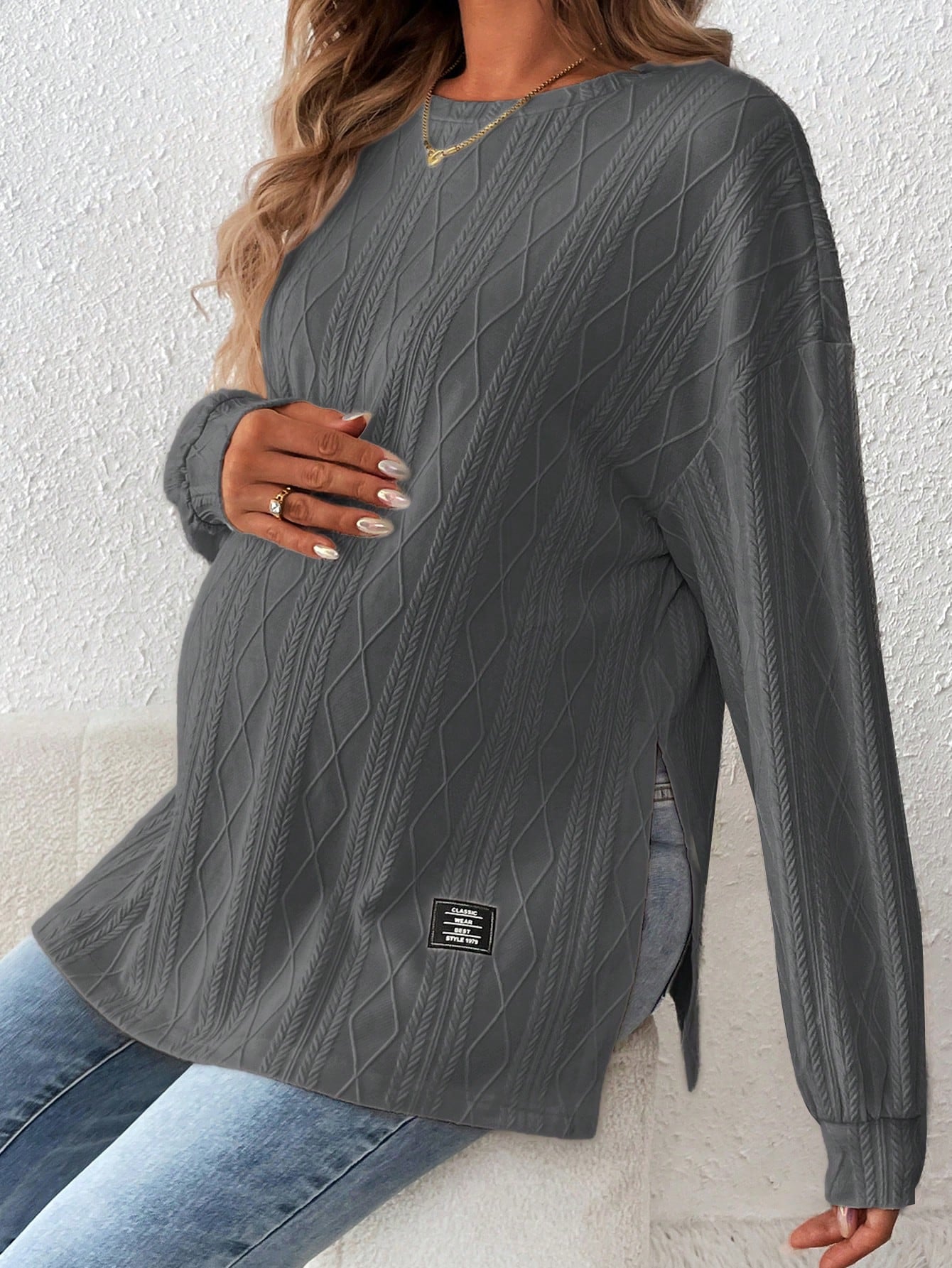 Maternity Textured Split Hem Dolman Sleeve T-Shirt for Fall Apricot / S Apricot / M