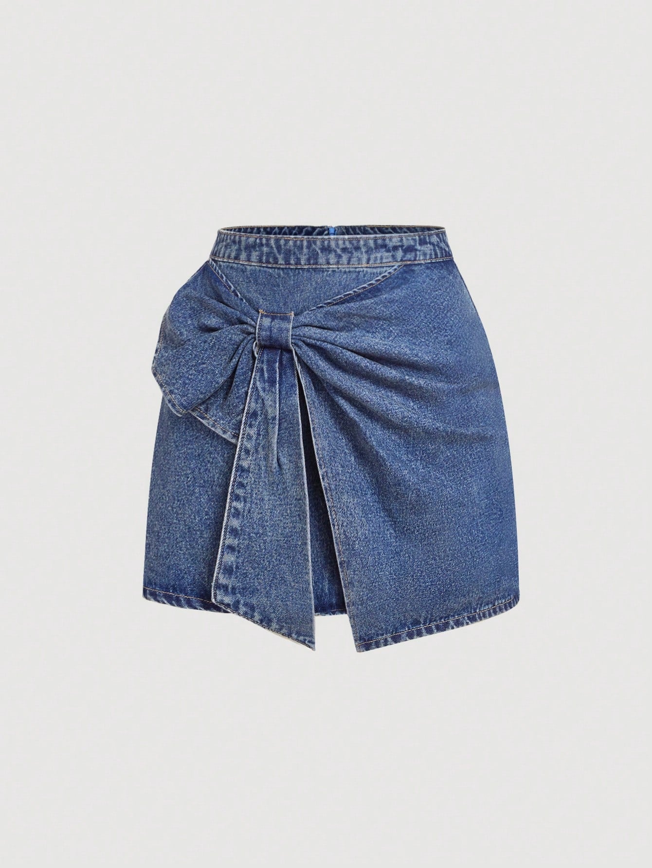 Chic High-Waisted Denim Mini Skirt with Bowknot Detail for a Stylish Look Medium Wash