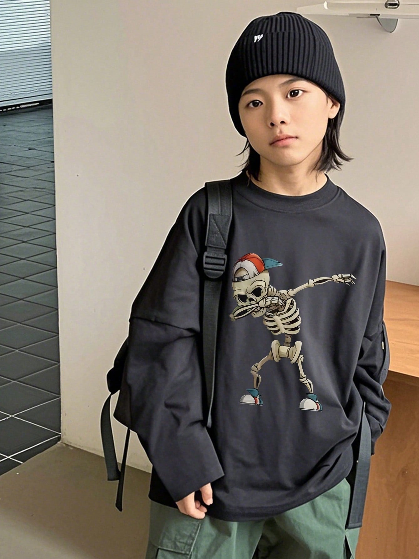 Skeleton Print Crew Neck T-Shirt for Tween Boys Dark Grey / 8Y Dark Grey / 9Y