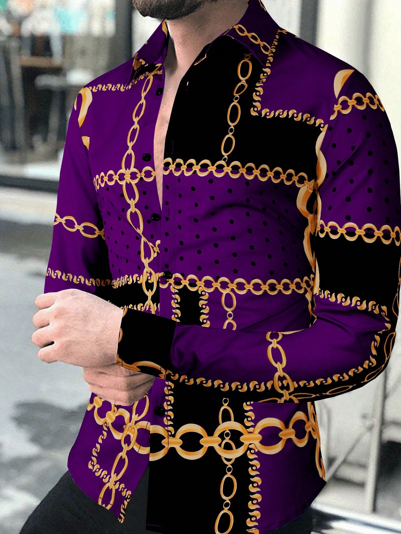 Trendy Autumn Vibes: Men's Casual Long Sleeve Shirt with Chain Violet Purple