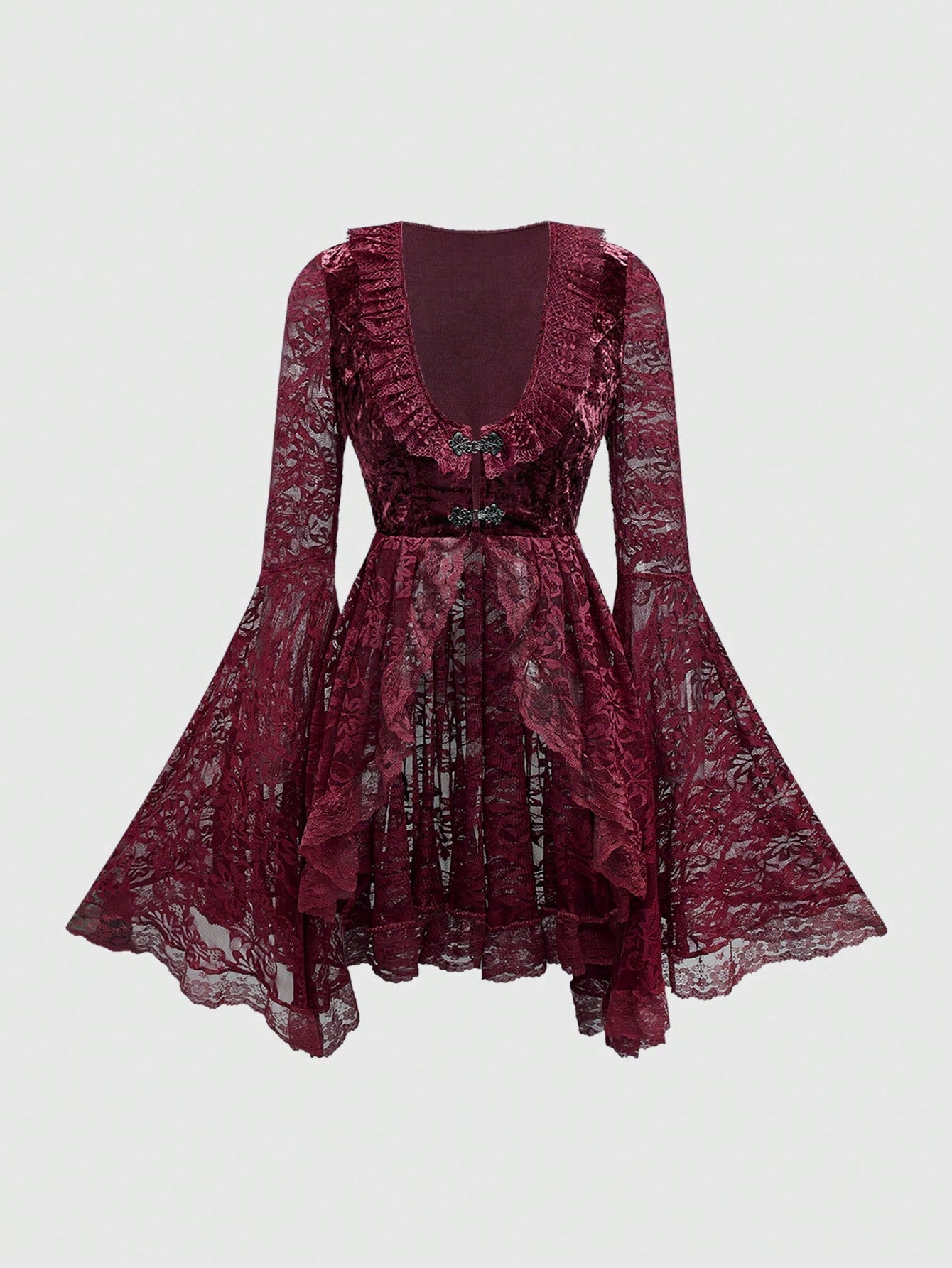 Enchanting Gothic Velvet Blouse with Lace Flare Sleeves - Off-Shoulder Palace Style Burgundy / XS Burgundy / S