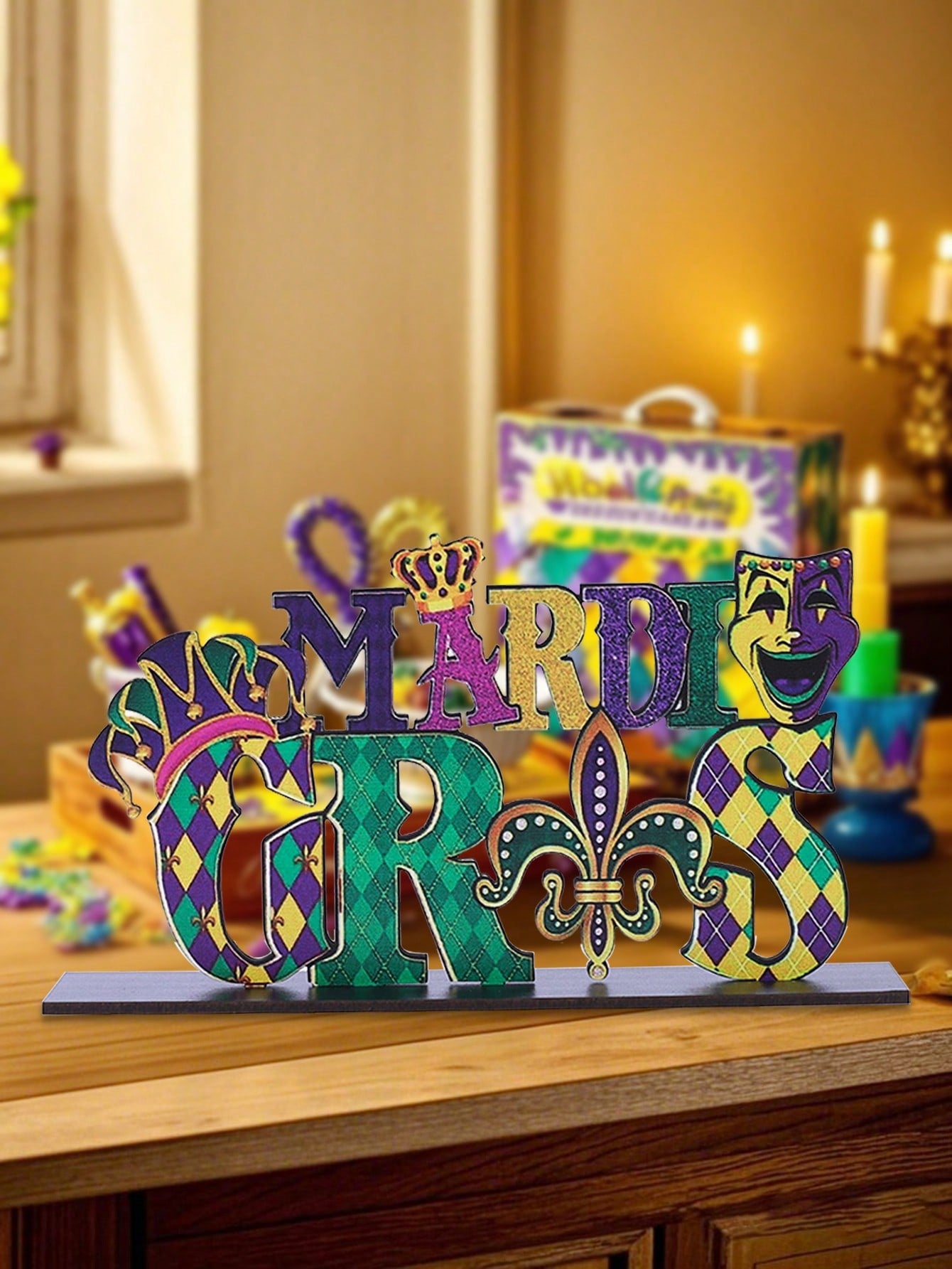 Festive Feather Mask Wooden Desk Ornament - Perfect for Mardi Gras 1412 / one-size 1416 / one-size