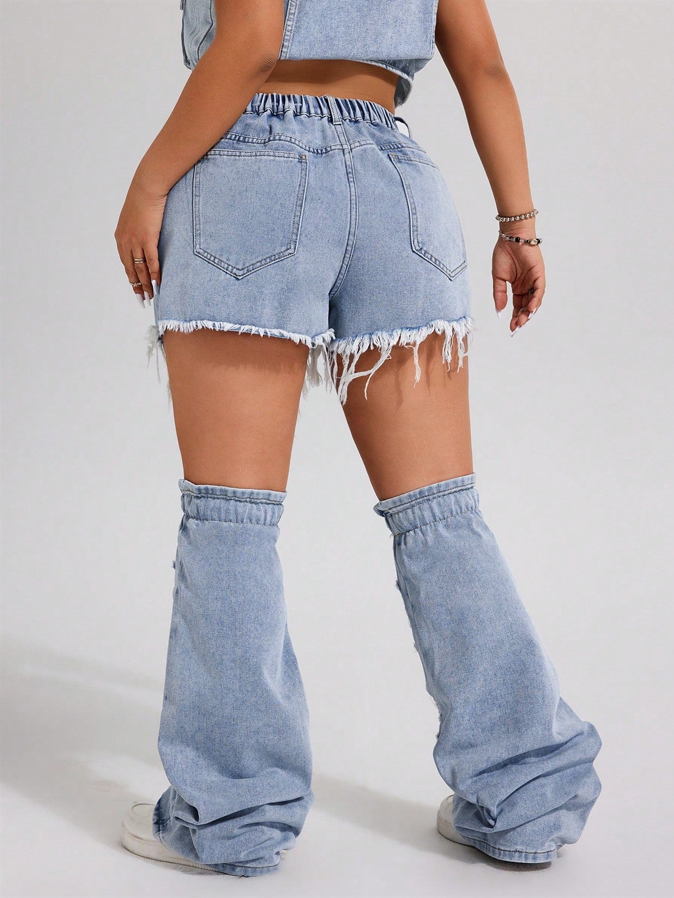 Plus Size Mini Denim Shorts and Stockings Set - Trendy